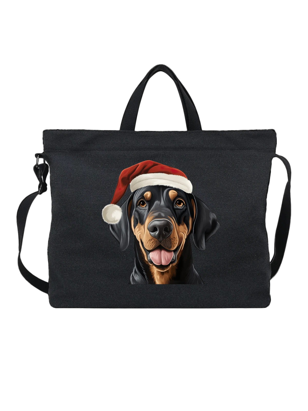 Сумка Доберман в новогодней шапке чёрная с принтом — праздник — Чёрная, фото 1