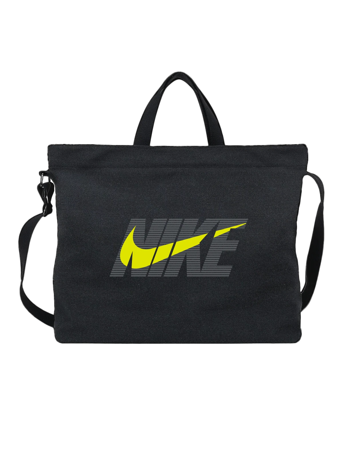 Сумка Nike с жёлтым Swoosh на сером фоне чёрная с принтом — брендовый принт — Чёрная, фото 1