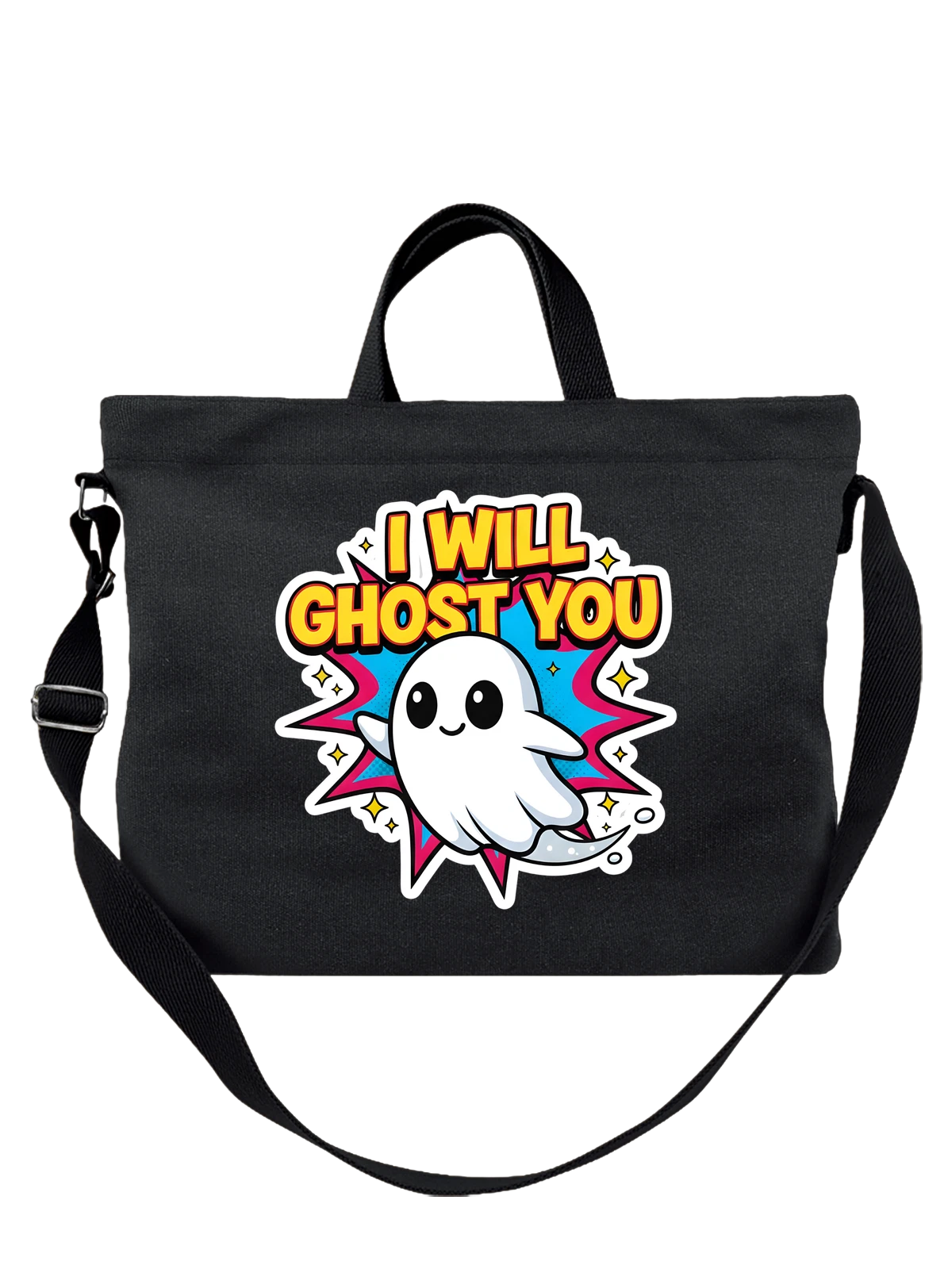 Сумка чёрная с принтом Милый призрак с надписью I WILL GHOST YOU — хэллоуин принт — Чёрная, фото 1