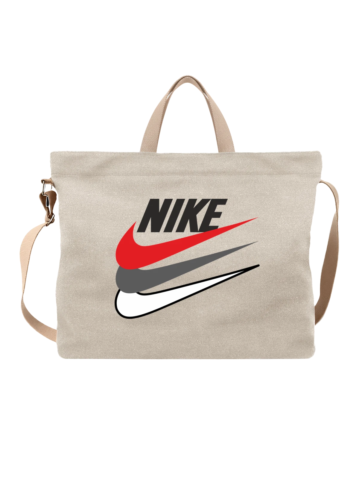 Сумка бежевая с принтом Nike с красным свушем и черно-серым знаком — эмблема Nike — Бежевая, фото 1