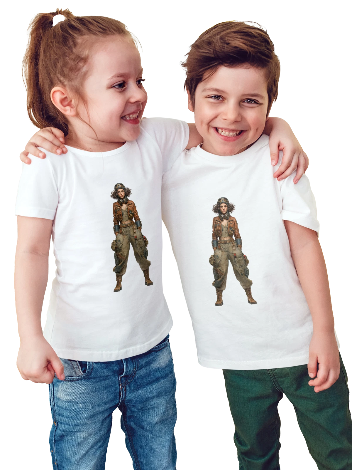 Футболка детская Женщина-пилот в кожаной куртке и очках белая с принтом — винтажный летный образ — Белая, фото 1