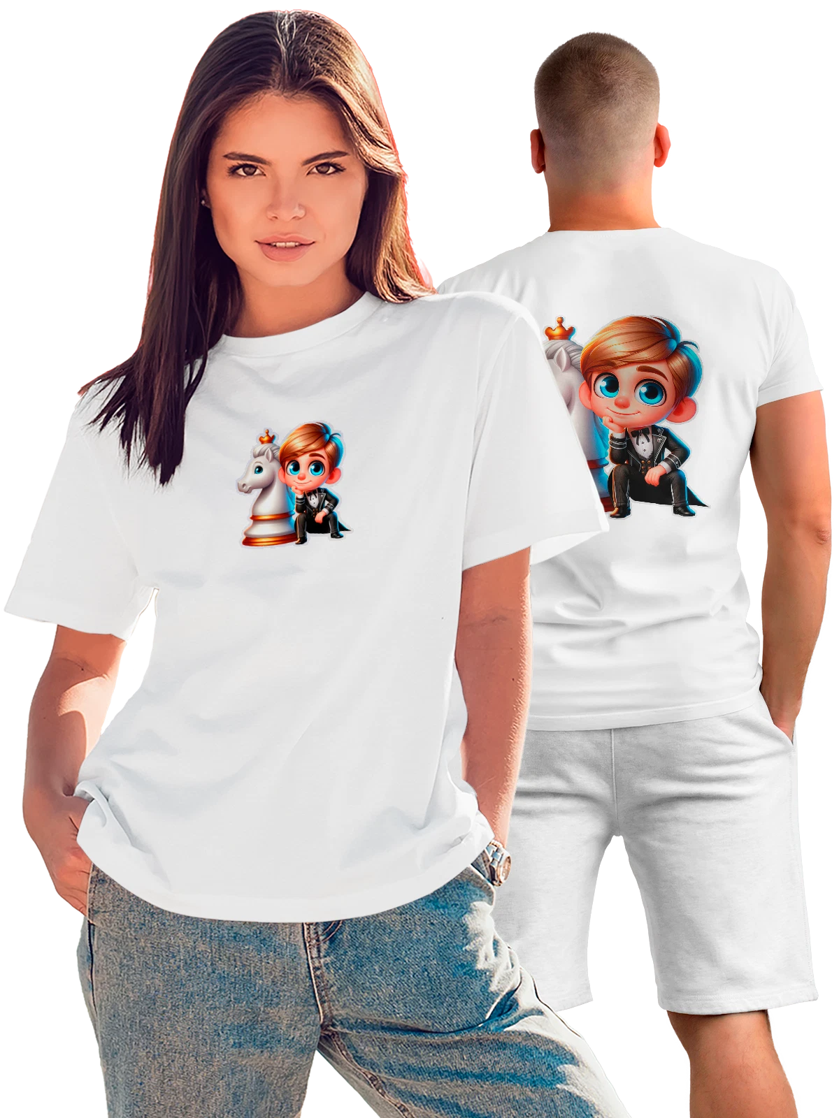 Футболка с мальчиком шахматистом белая с принтом на спине — подарок коннику — Белая, фото 1