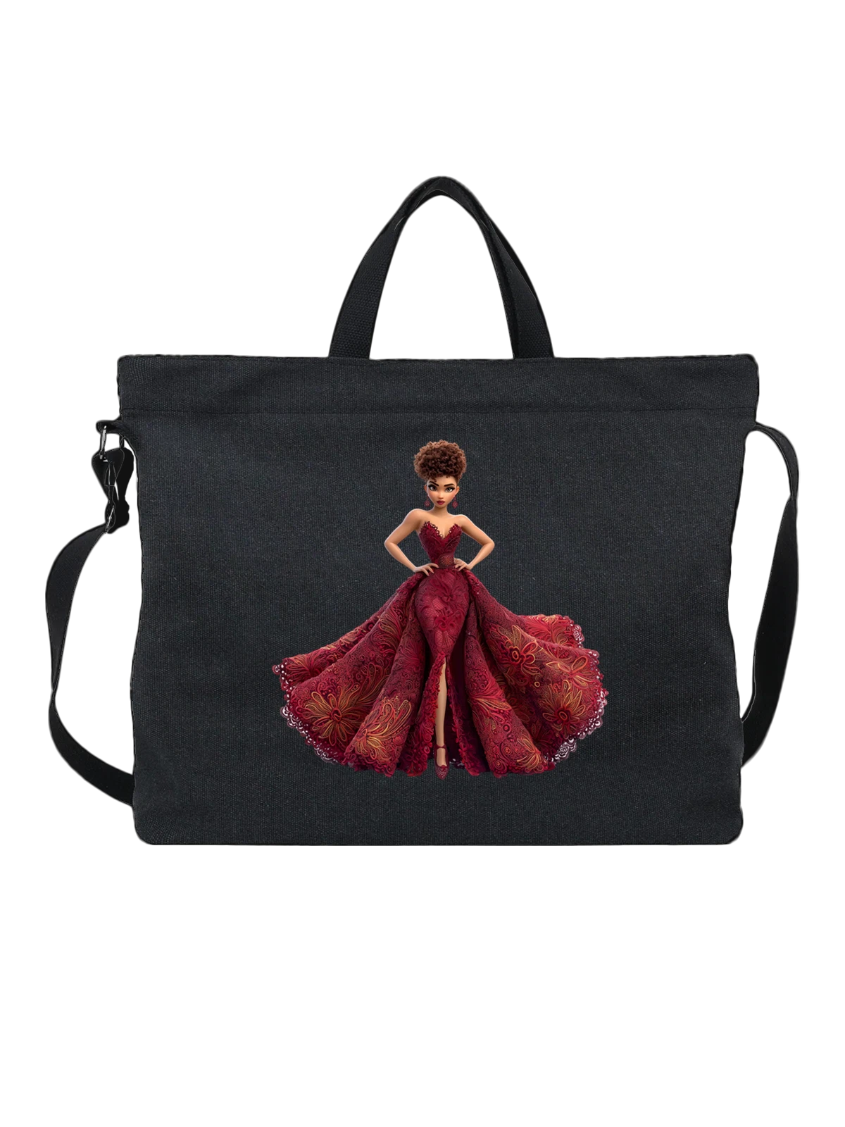Сумка чёрная с принтом Кукла в бордовом вечернем платье — fashion doll — Чёрная, фото 1