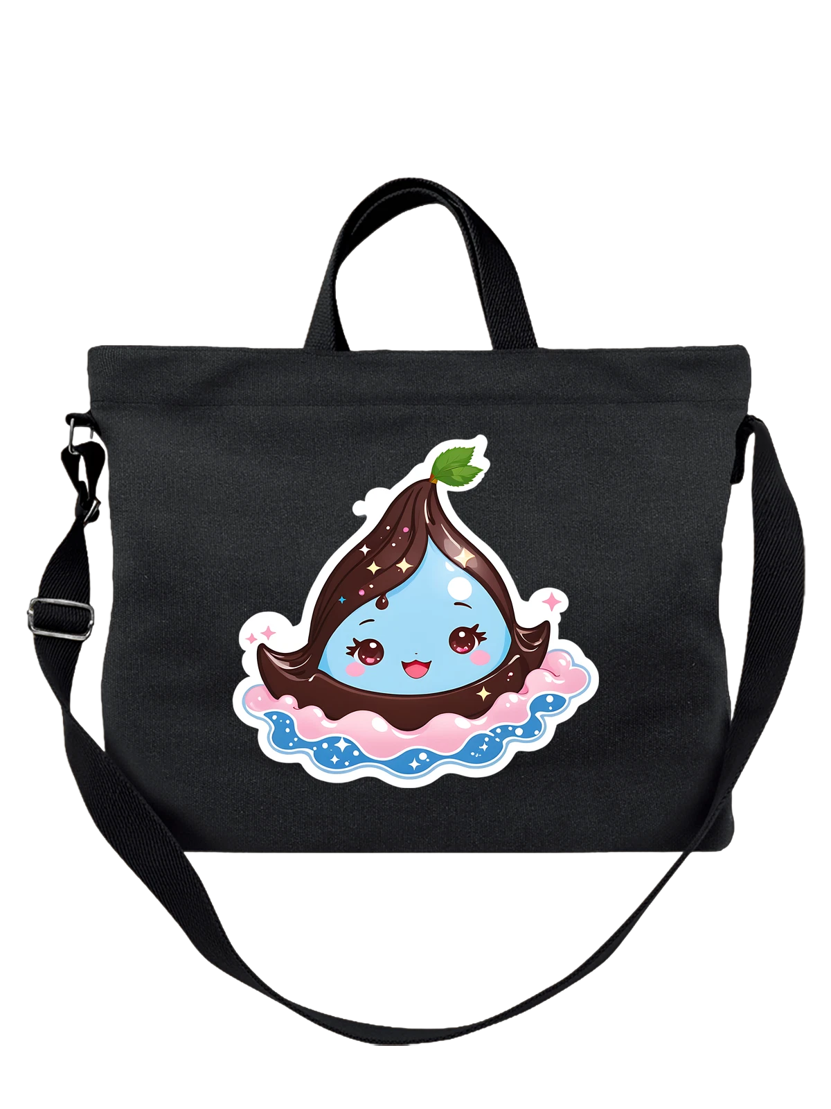 Сумка чёрная с принтом Кавайный шоколадный десерт с листиком — улыбающееся лицо — Чёрная, фото 1