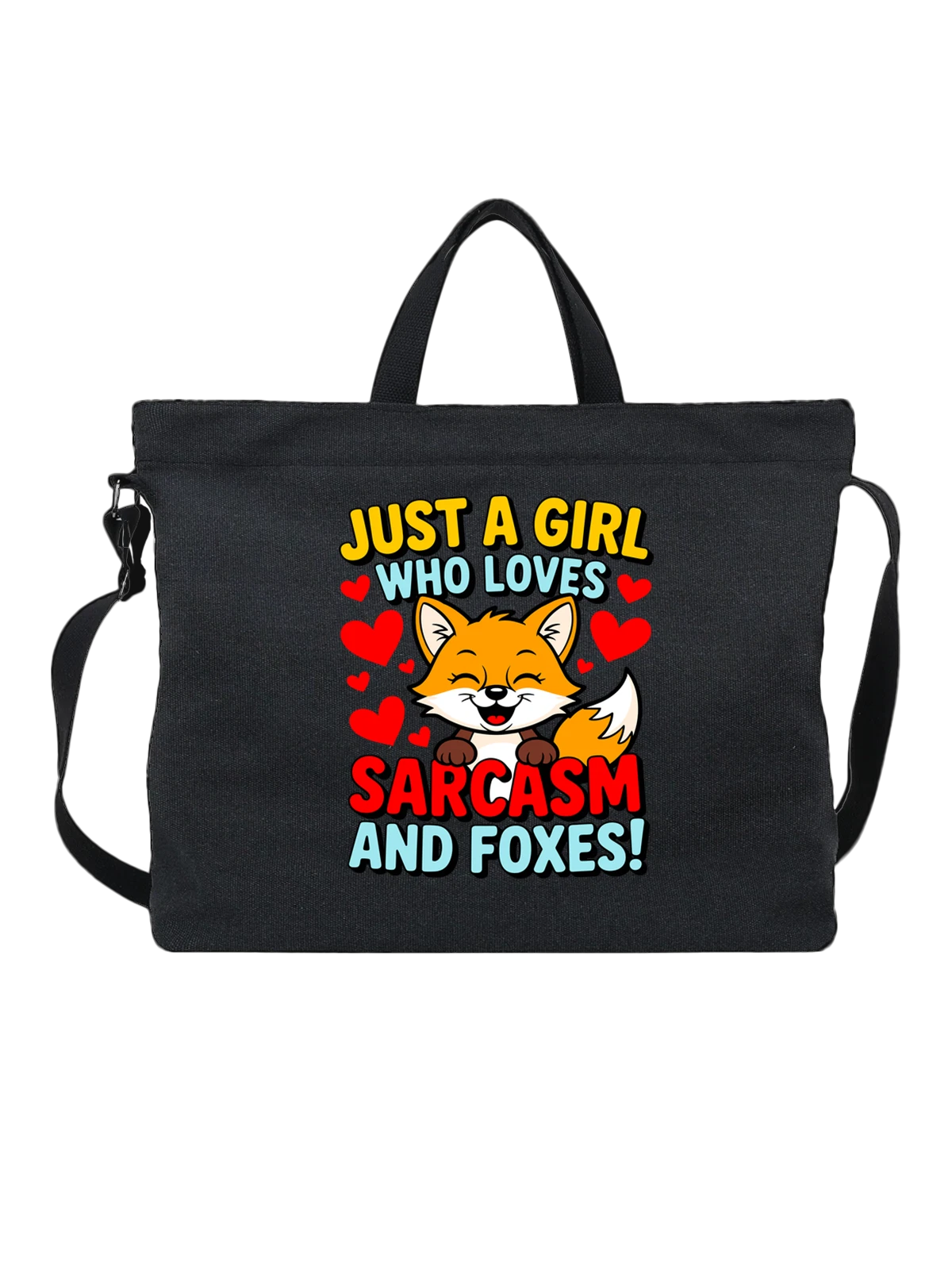 Сумка чёрная с принтом Саркастичная лиса Just a girl who loves sarcasm — улыбающаяся лиса — Чёрная, фото 1