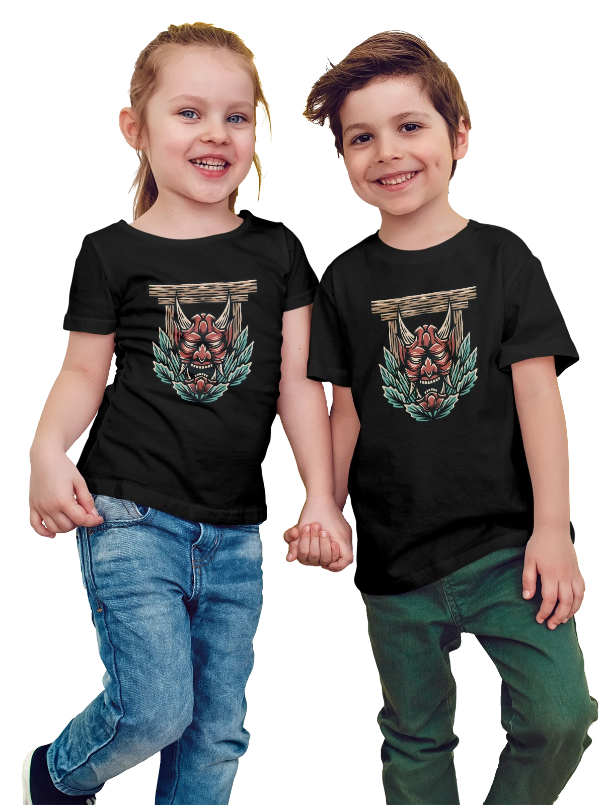 Футболка детская Японская маска демона с листьями и бамбуком чёрная с принтом — тёмный фон — Чёрная, фото 1