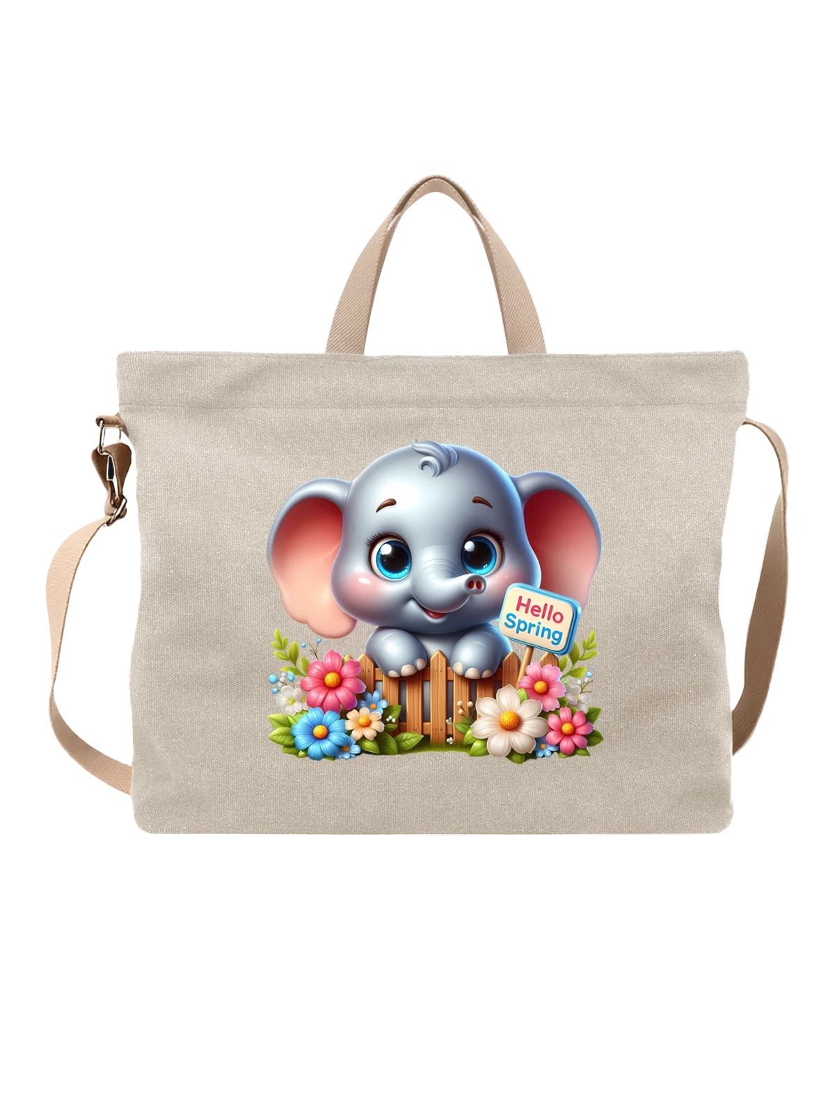 Сумка Милый baby elephant Hello Spring с цветами белая с принтом — табличка Hello Spring — Белая, фото 1