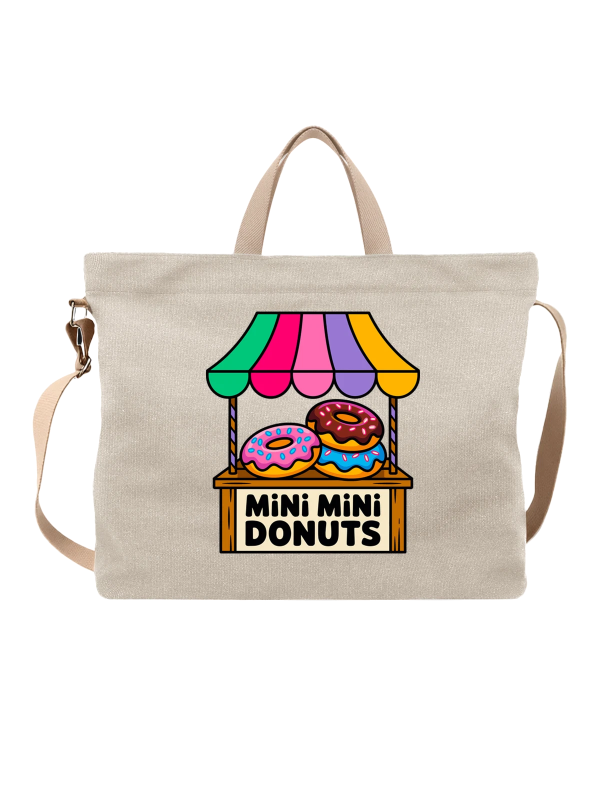 Сумка бежевая с принтом Мини пончики на витрине с вывеской MINI — кондитерская — Бежевая, фото 1