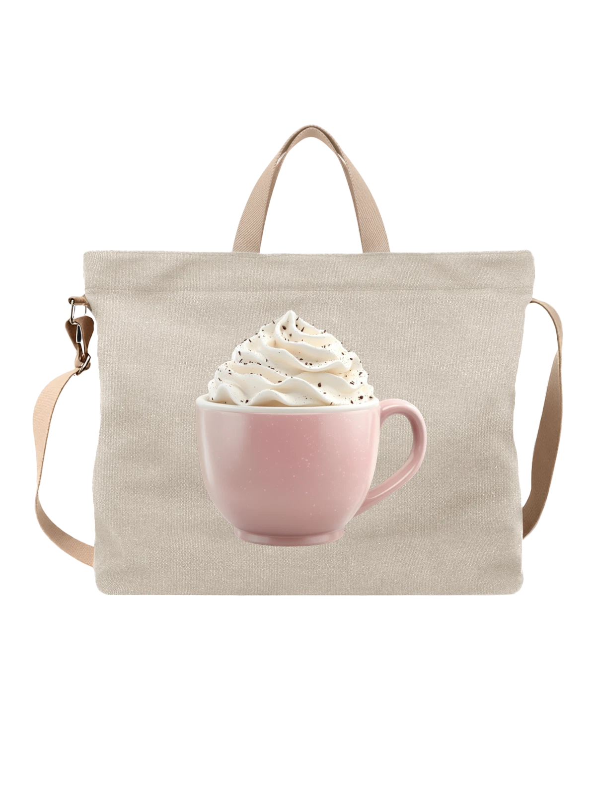 Сумка бежевая с принтом Розовая кружка с кремом и шоколадной крошкой — hot chocolate — Бежевая, фото 1