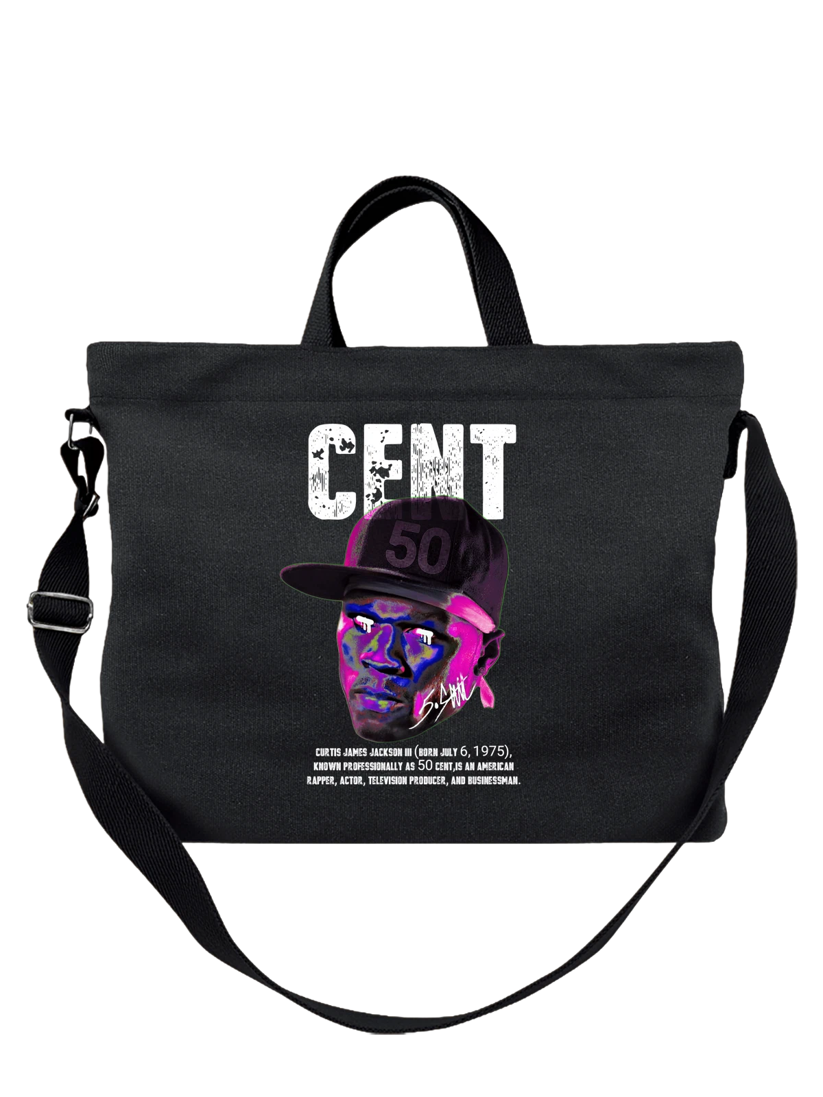Сумка чёрная с принтом 50 Cent в кепке G Unit — дизайн с лицом — Чёрная, фото 1
