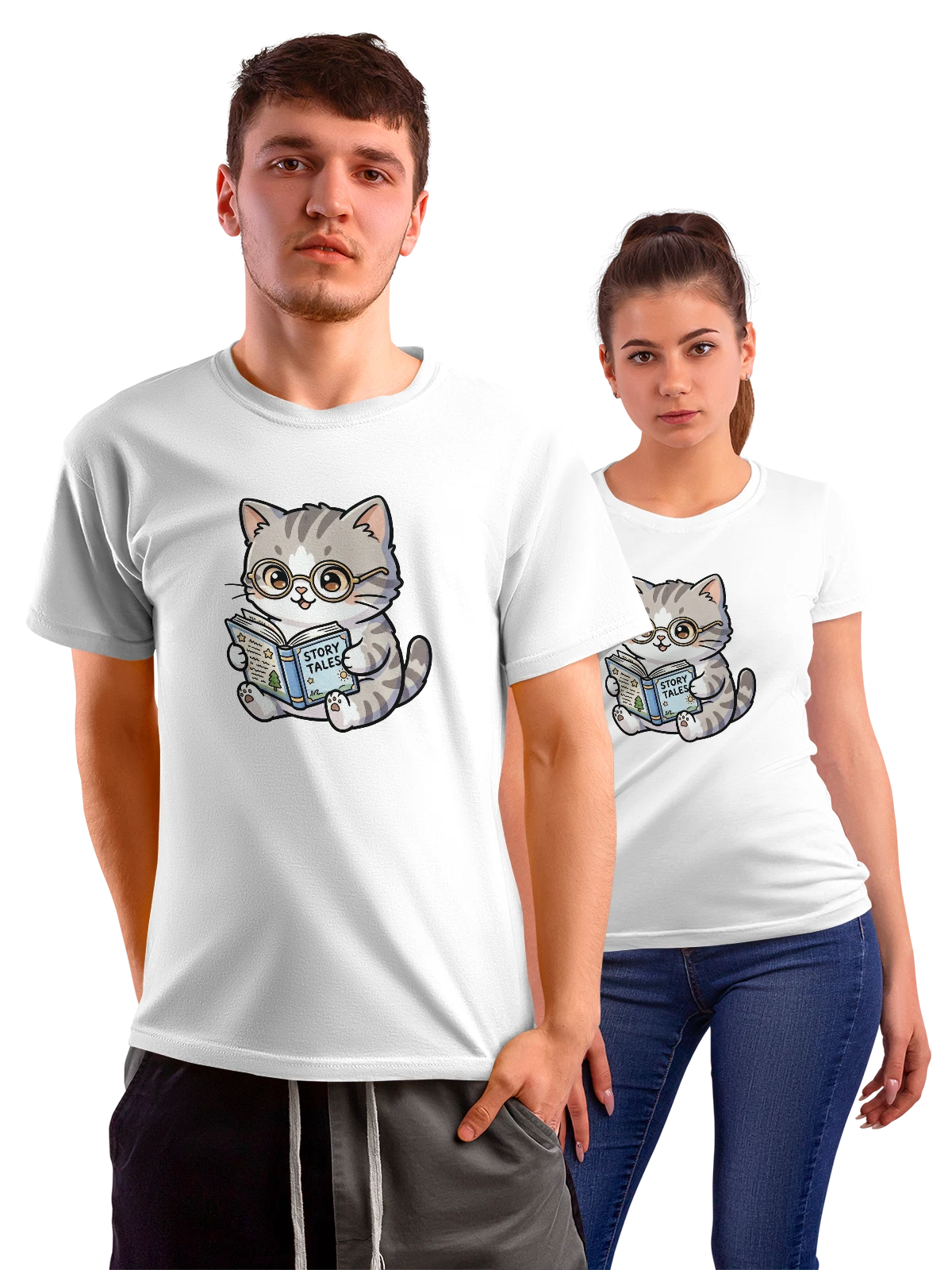 Футболка Милый котёнок в очках с книгой белая с принтом — домашняя кошка — Белая, фото 1