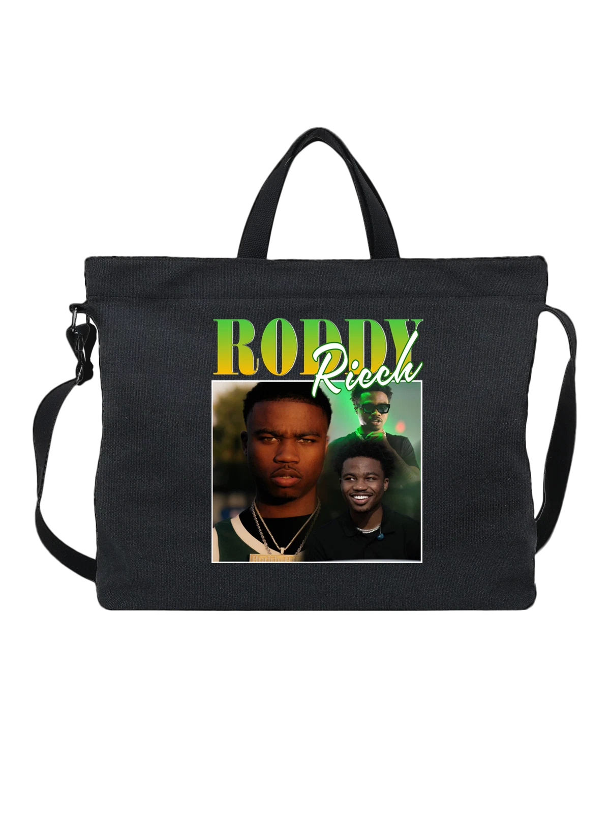 Сумка чёрная с принтом Roddy Ricch рэпер коллаж портрет — хип-хоп артист — Чёрная, фото 1