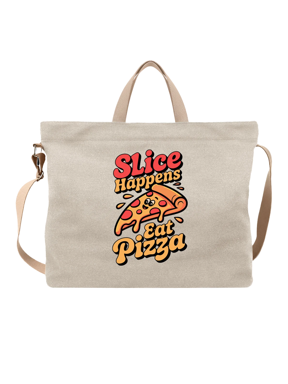 Сумка бежевая с принтом Пицца Slice Happens Eat Pizza — еда — Бежевая, фото 1