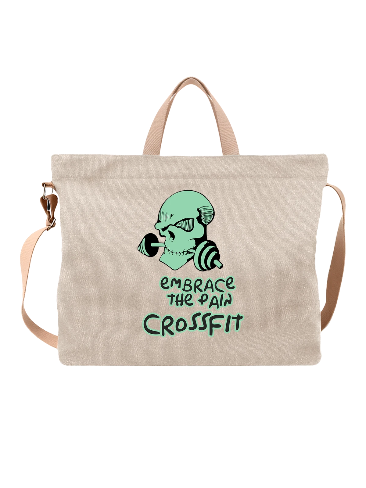 Сумка с черепом и штангой crossfit белая с принтом — гантели — Белая, фото 1