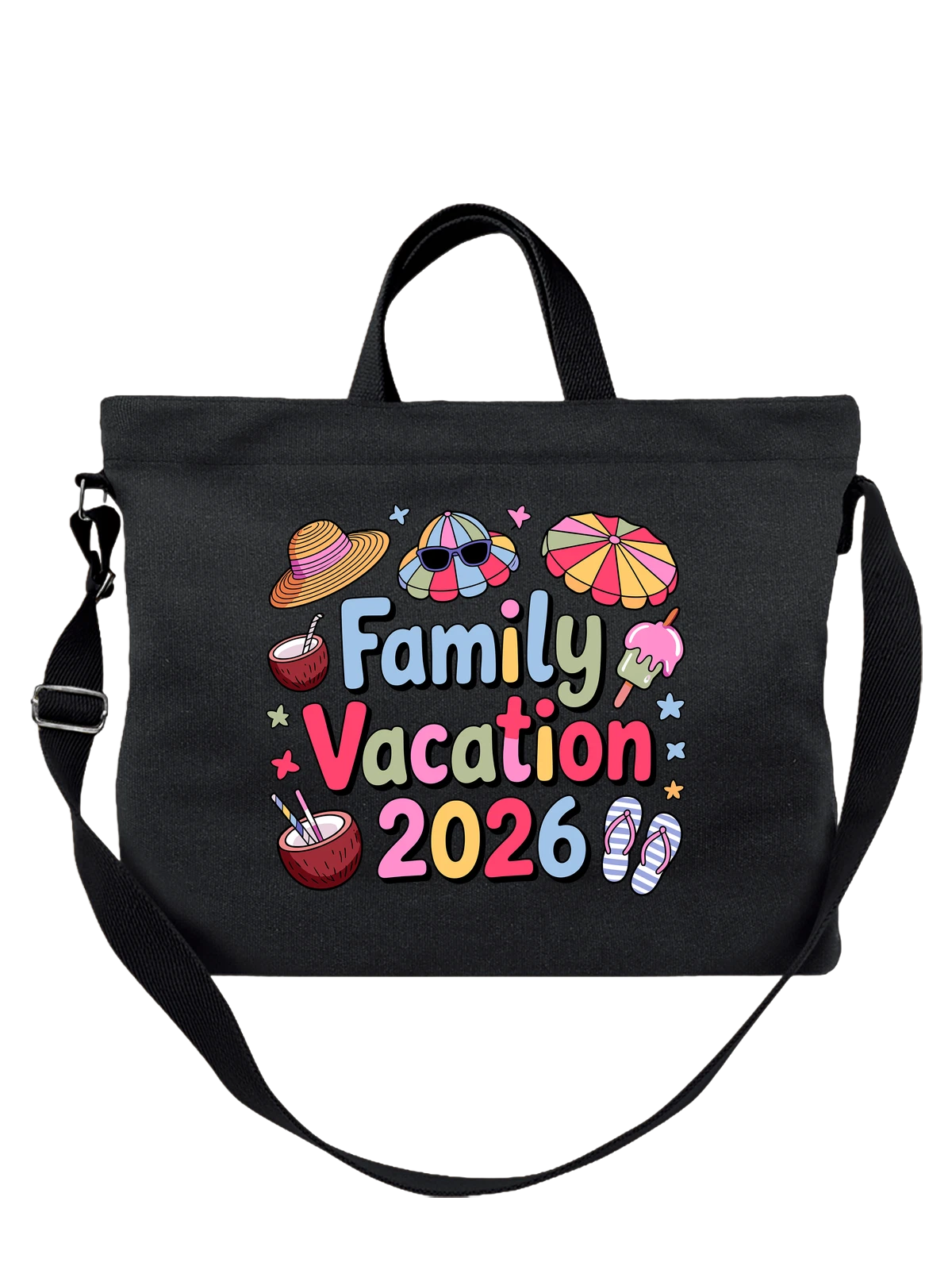 Сумка чёрная с принтом Family Vacation 2026 с летними аксессуарами — мороженое на палочке — Чёрная, фото 1