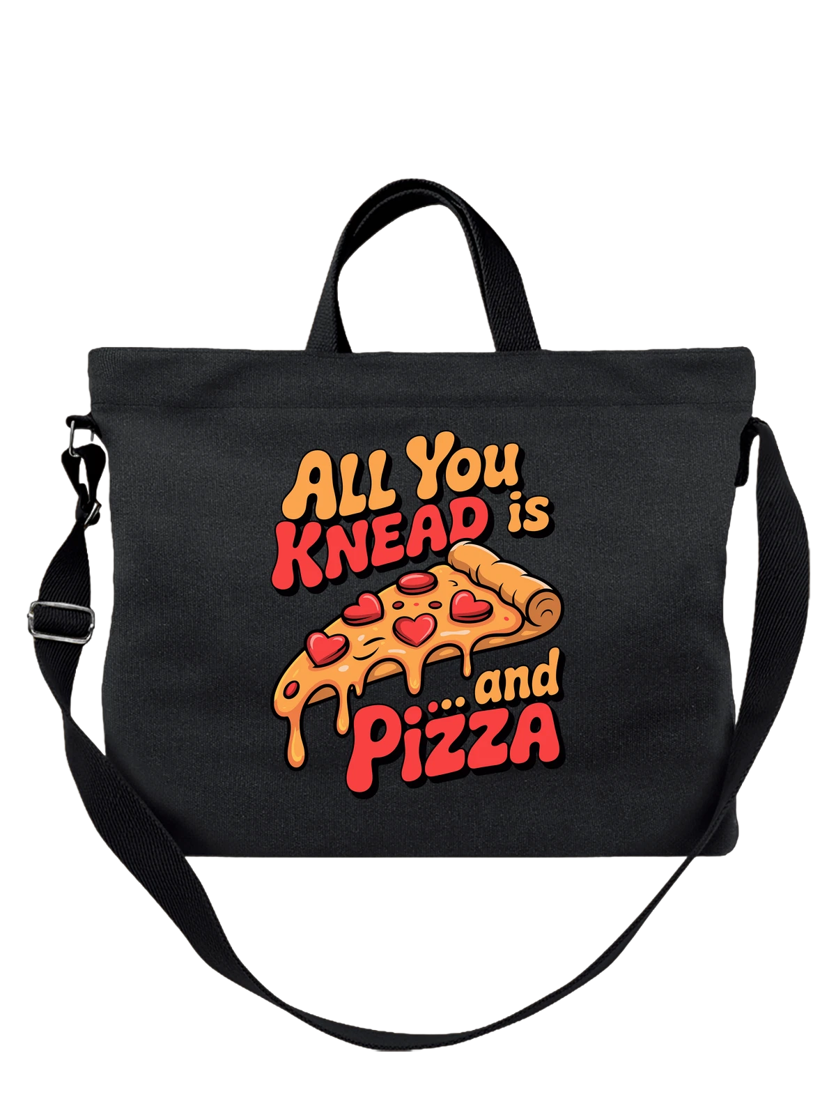 Сумка чёрная с принтом с пиццей сердцами и надписью All You KneaD Pizza — пицца с сыром — Чёрная, фото 1