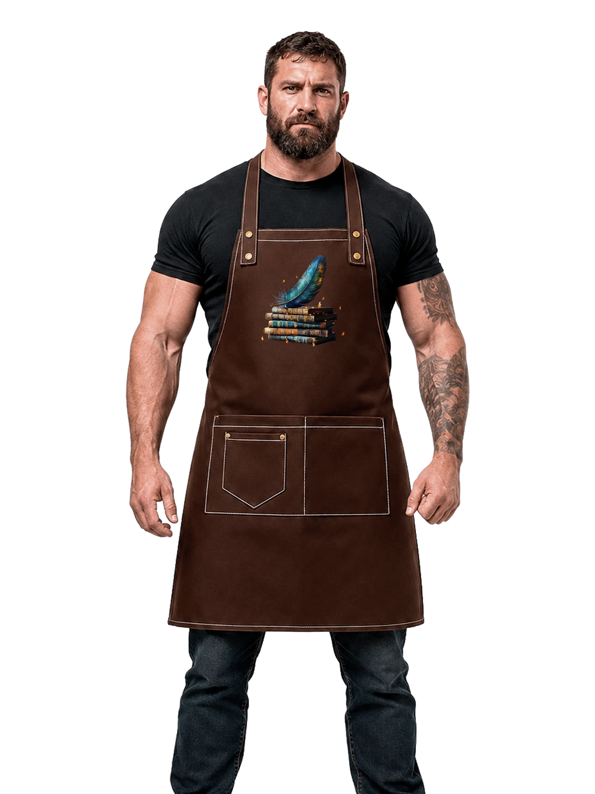 Фартук Синее перо над стопкой старинных книг чёрный с принтом — магический арт — Чёрная, фото 1