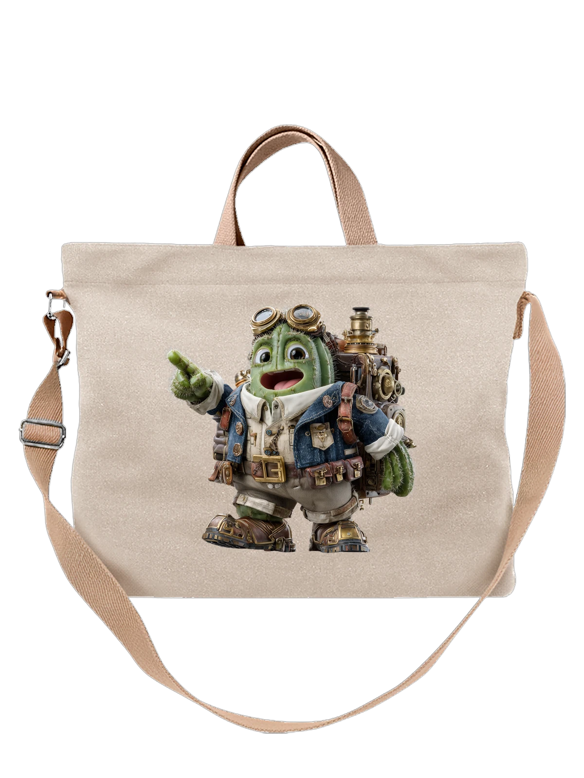 Сумка с кактусом-путешественником в очках белая с принтом — ботанический персонаж — Белая, фото 1