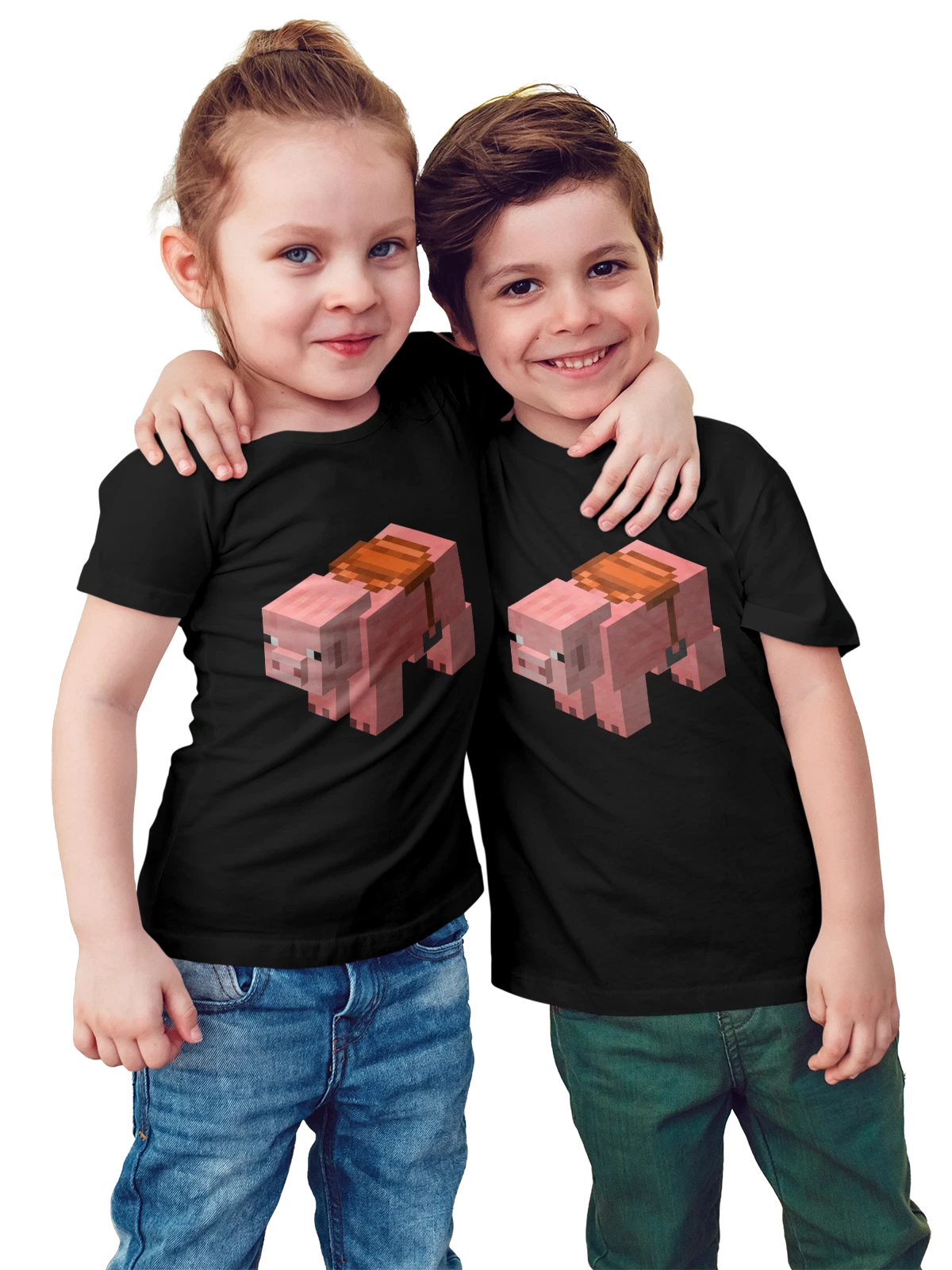 Футболка детская Пиксельная свинья из Minecraft стильный чёрная с принтом — pixel art — Чёрная, фото 1