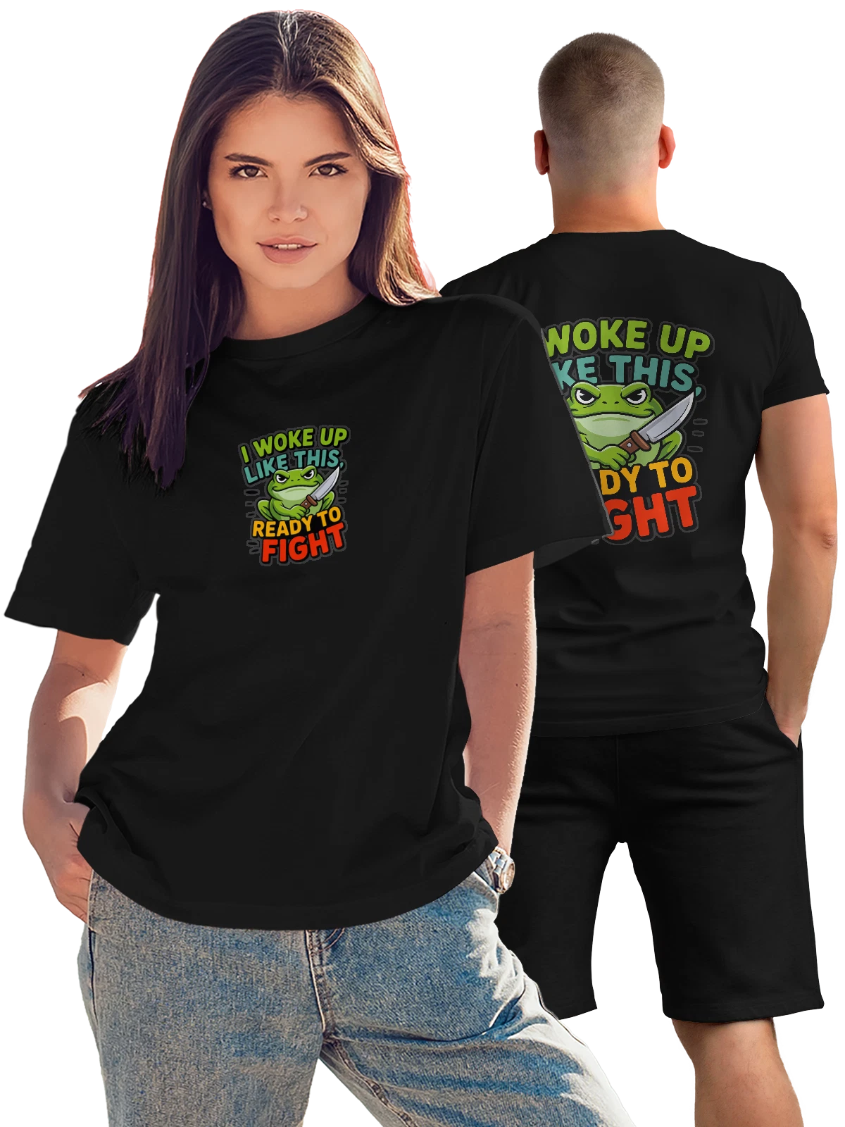 Футболка Лягушка с ножом и надписью Ready To Fight чёрная с принтом на спине — ready to fight — Чёрная, фото 1