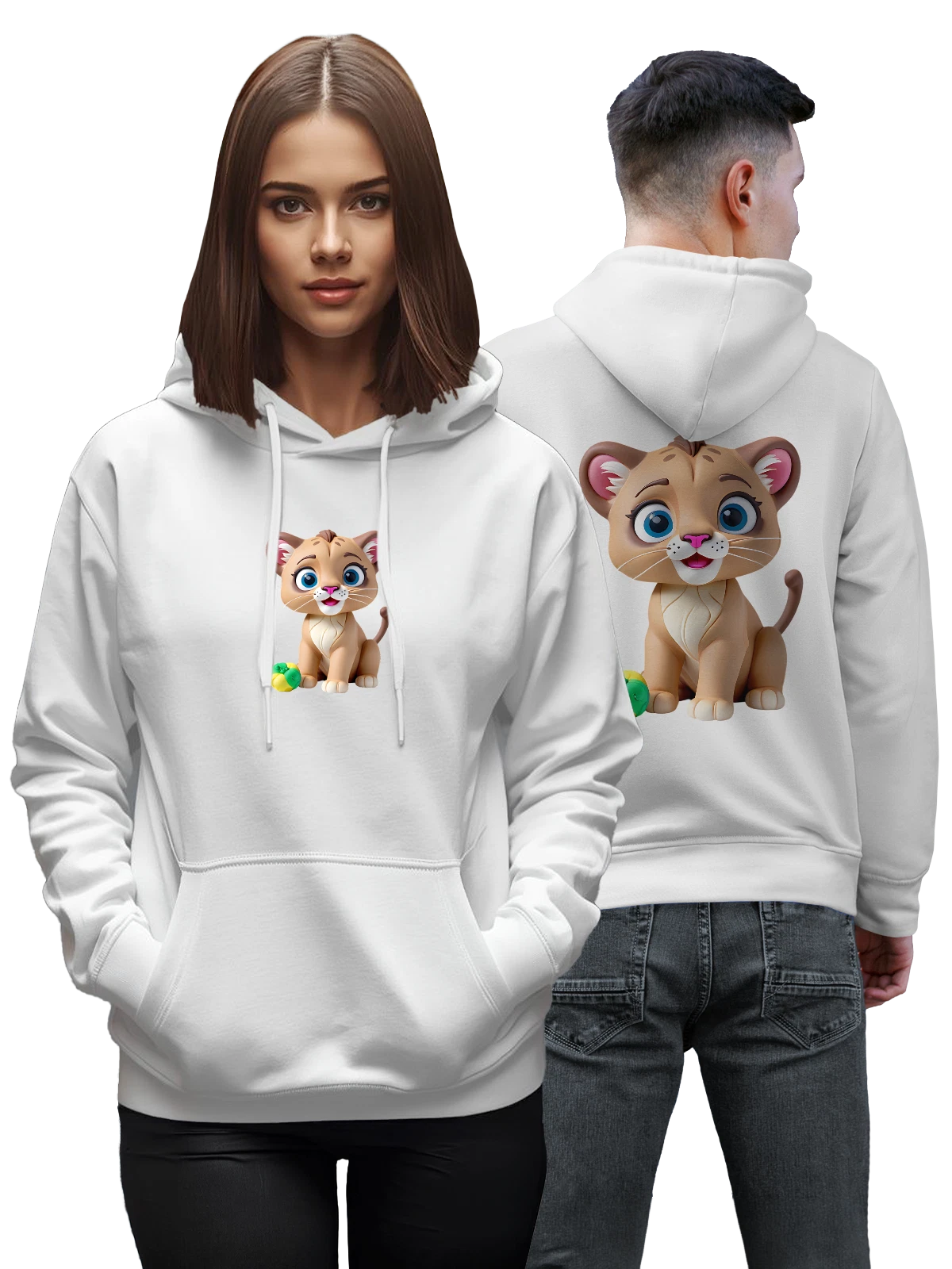 Худи Мультяшный котёнок с мячиком белое с принтом — пушистый зверёк — Белая, фото 1