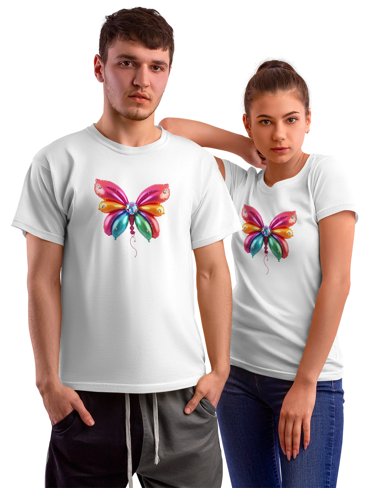 Футболка Balloon butterfly с кристаллом и лентами белая с принтом — симметричные крылья — Белая, фото 1