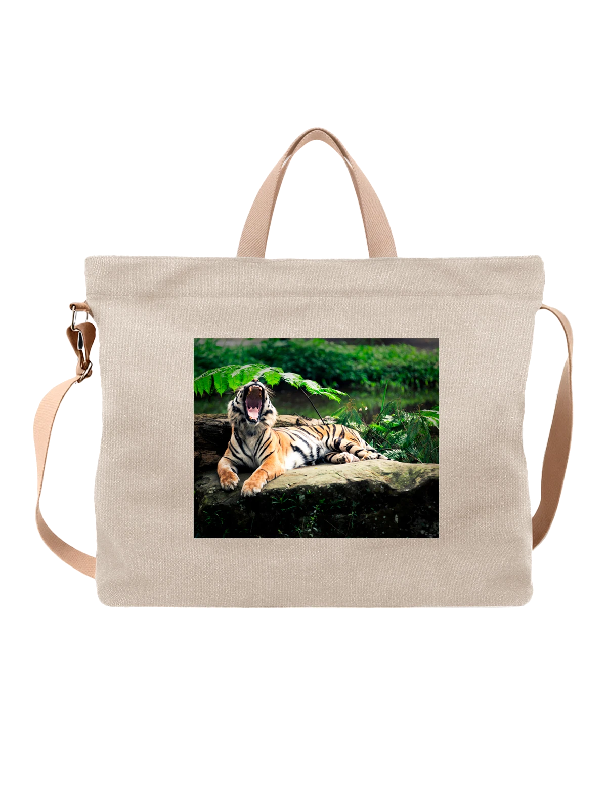 Сумка бежевая с принтом Животные Зевающий тигр — подарок зоолюбителю — Бежевая, фото 1