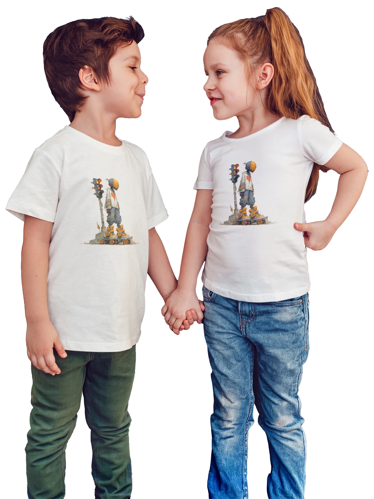 Футболка детская Робот на скейтборде у светофора белая с принтом — граффити — Белая, фото 1