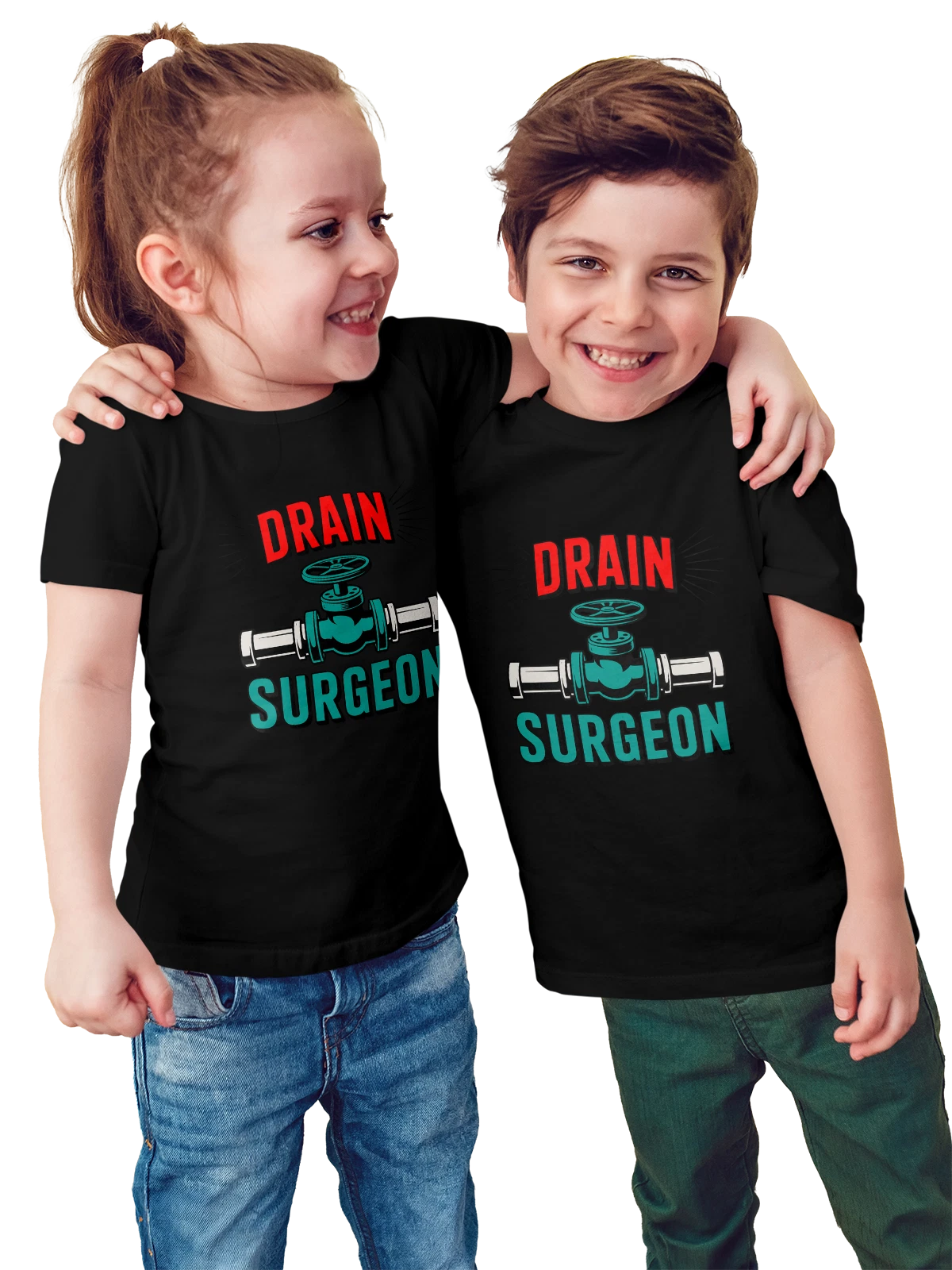 Футболка детская Надпись Drain и схема клапана surgeon чёрная с принтом — технический знак — Чёрная, фото 1