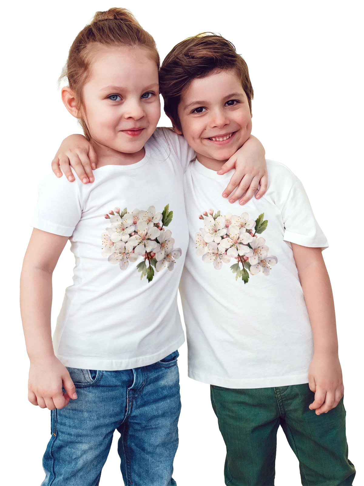 Футболка детская Белые цветы вишни акварельный букет цветение среди белая с принтом — нежные лепестки — Белая, фото 1
