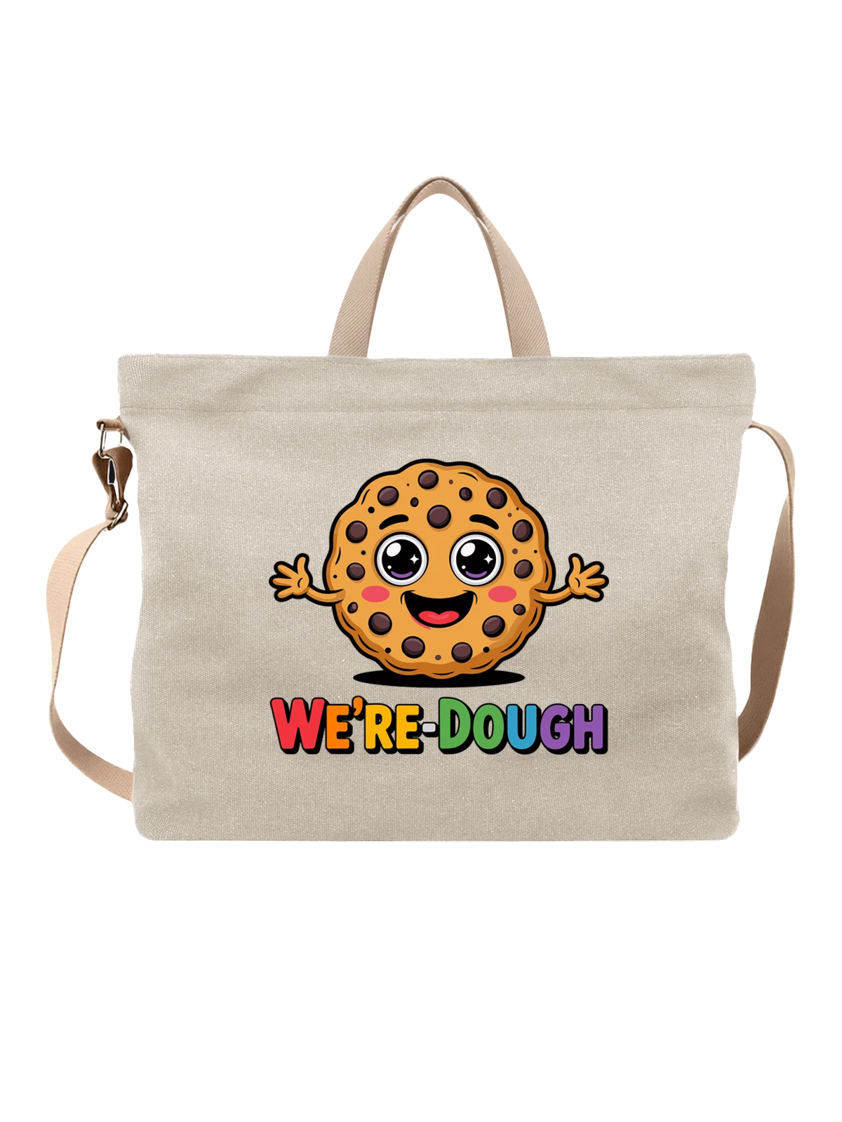Сумка бежевая с принтом Улыбчивое печенье с надписью WE'RE-DOUGH — десерт — Бежевая, фото 1