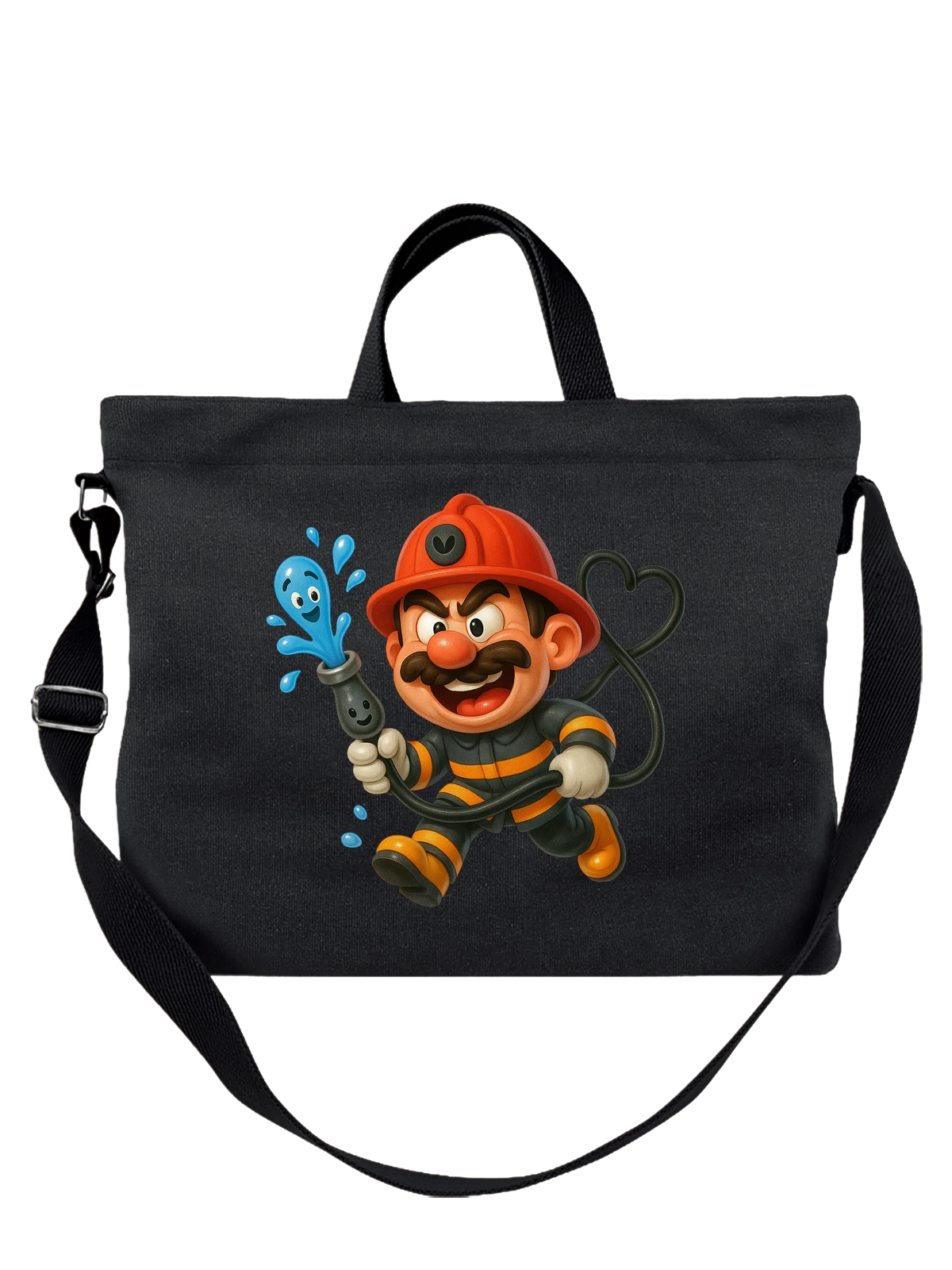Сумка чёрная с принтом Nintendo Марио пожарный с водяным шлангом в каске — красная каска — Чёрная, фото 1