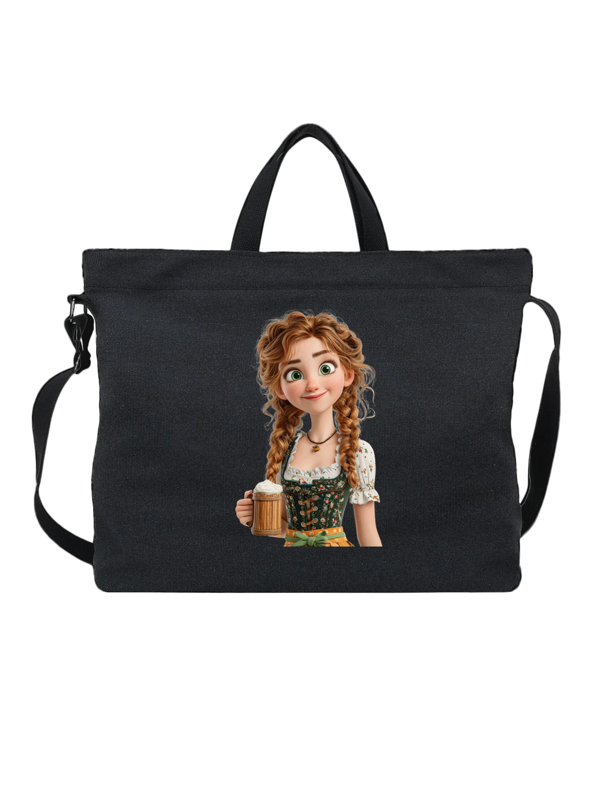 Сумка чёрная с принтом Улыбающаяся girl in dirndl с косами — заплетенные волосы — Чёрная, фото 1