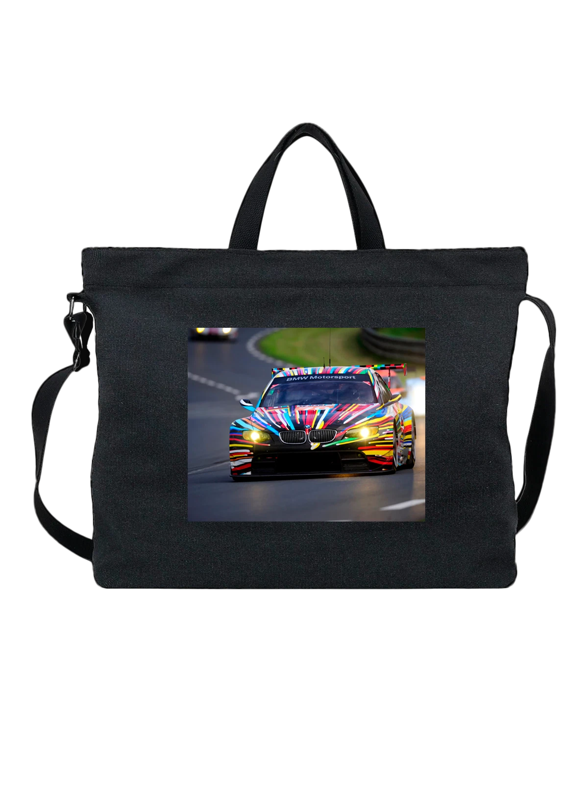Сумка чёрная с принтом Машина BMW Motorsport — скорость и динамика — Чёрная, фото 1