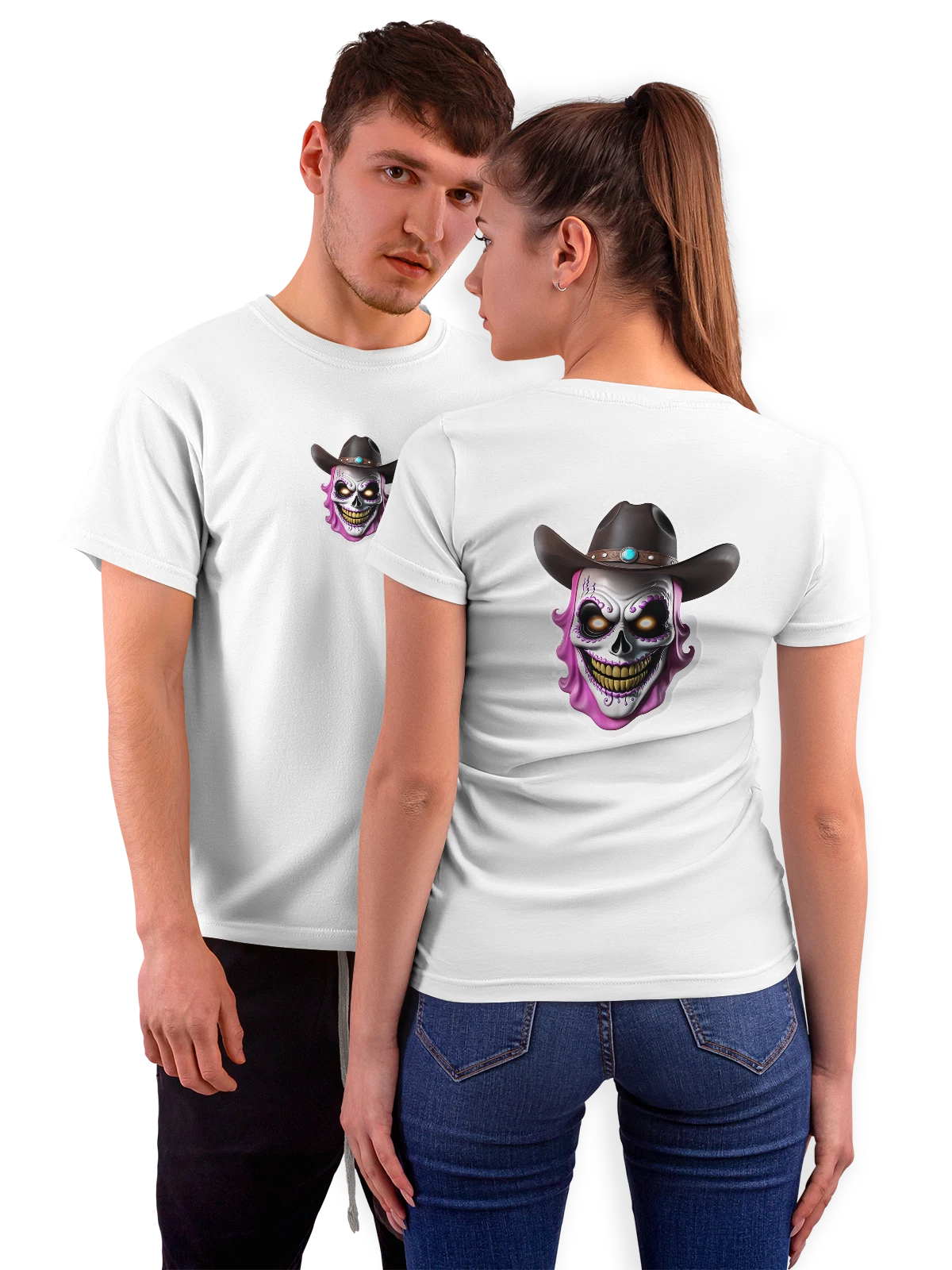 Футболка Череп в ковбойской шляпе стиле вестерн белая с принтом на спине — западный стиль — Белая, фото 1