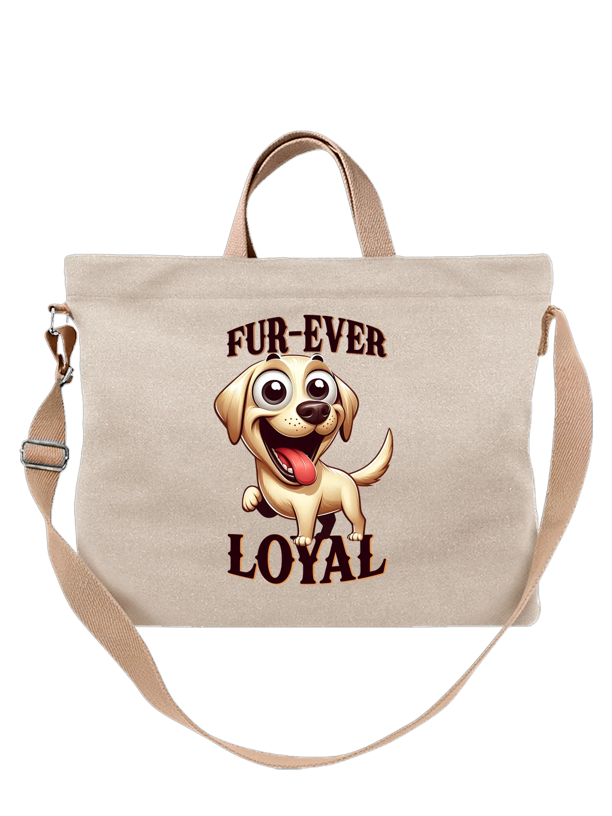 Сумка бежевая с принтом Веселый щенок с надписью Forever Loyal — открытая пасть — Бежевая, фото 1