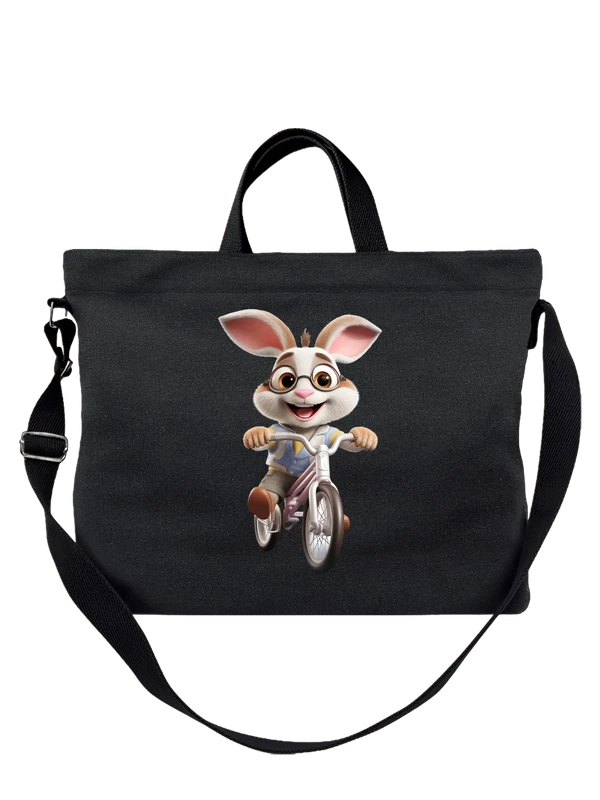 Сумка чёрная с принтом Заяц в очках на велосипеде — Чёрная, фото 1