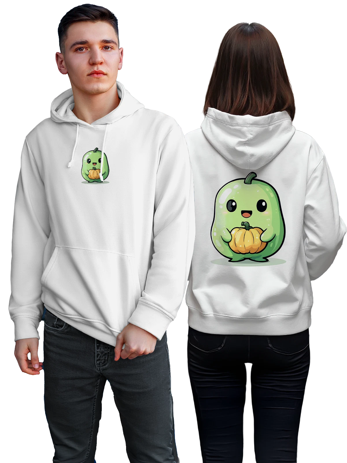 Худи Милый зеленый дух с тыквой и улыбкой белое с принтом — cute ghost with pumpkin — Белая, фото 1