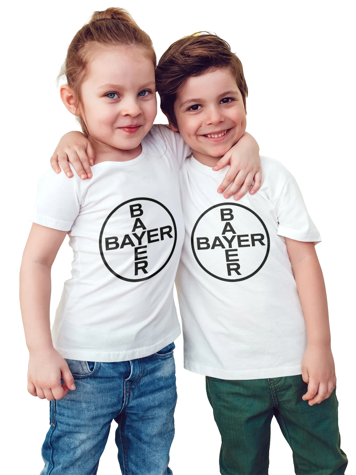 Футболка детская Bayer белая с принтом — современная айдентика — Белая, фото 1