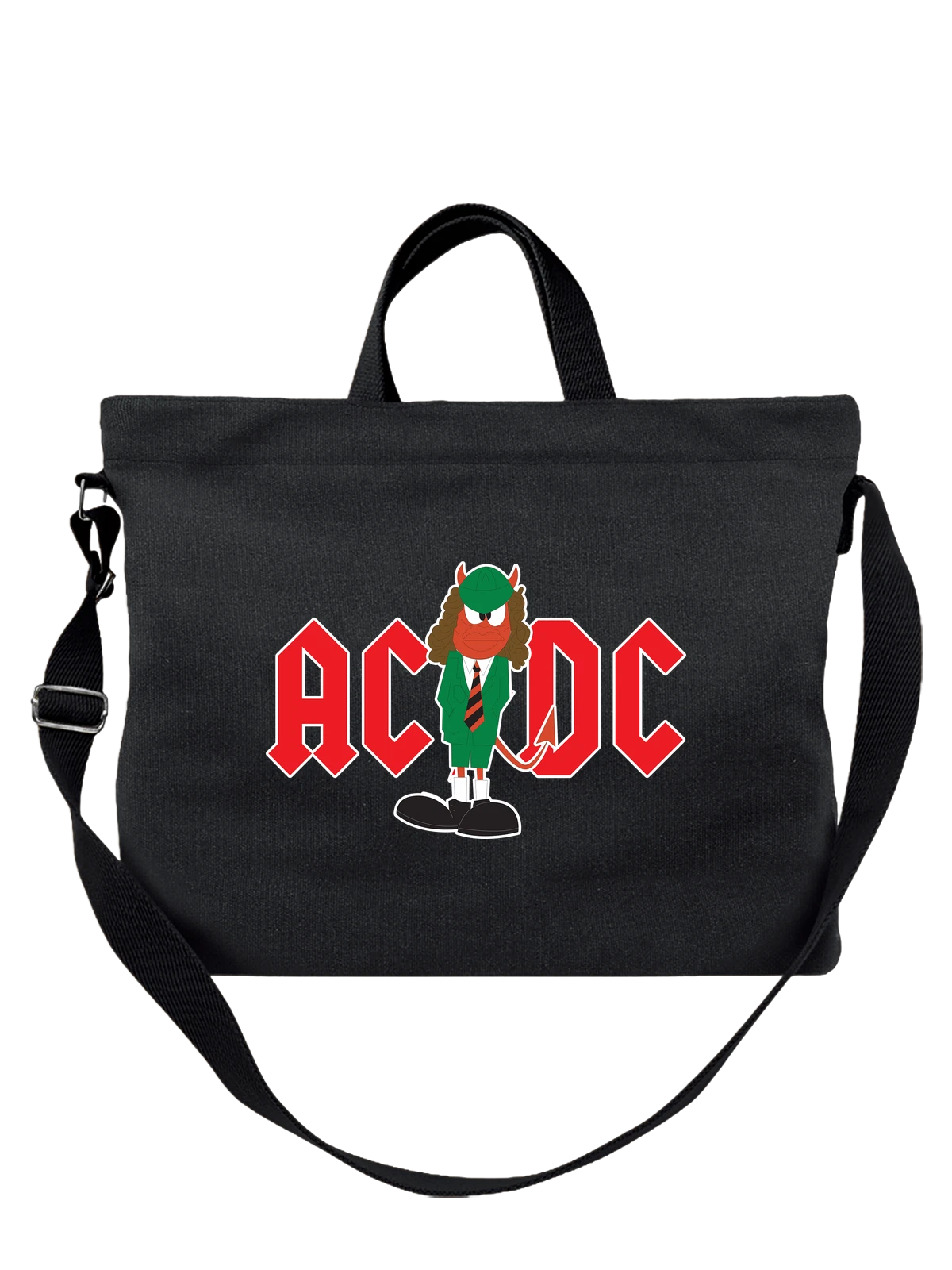 Сумка AC/DC с дьяволом в зеленом костюме чёрная с принтом — красные буквы — Чёрная, фото 1