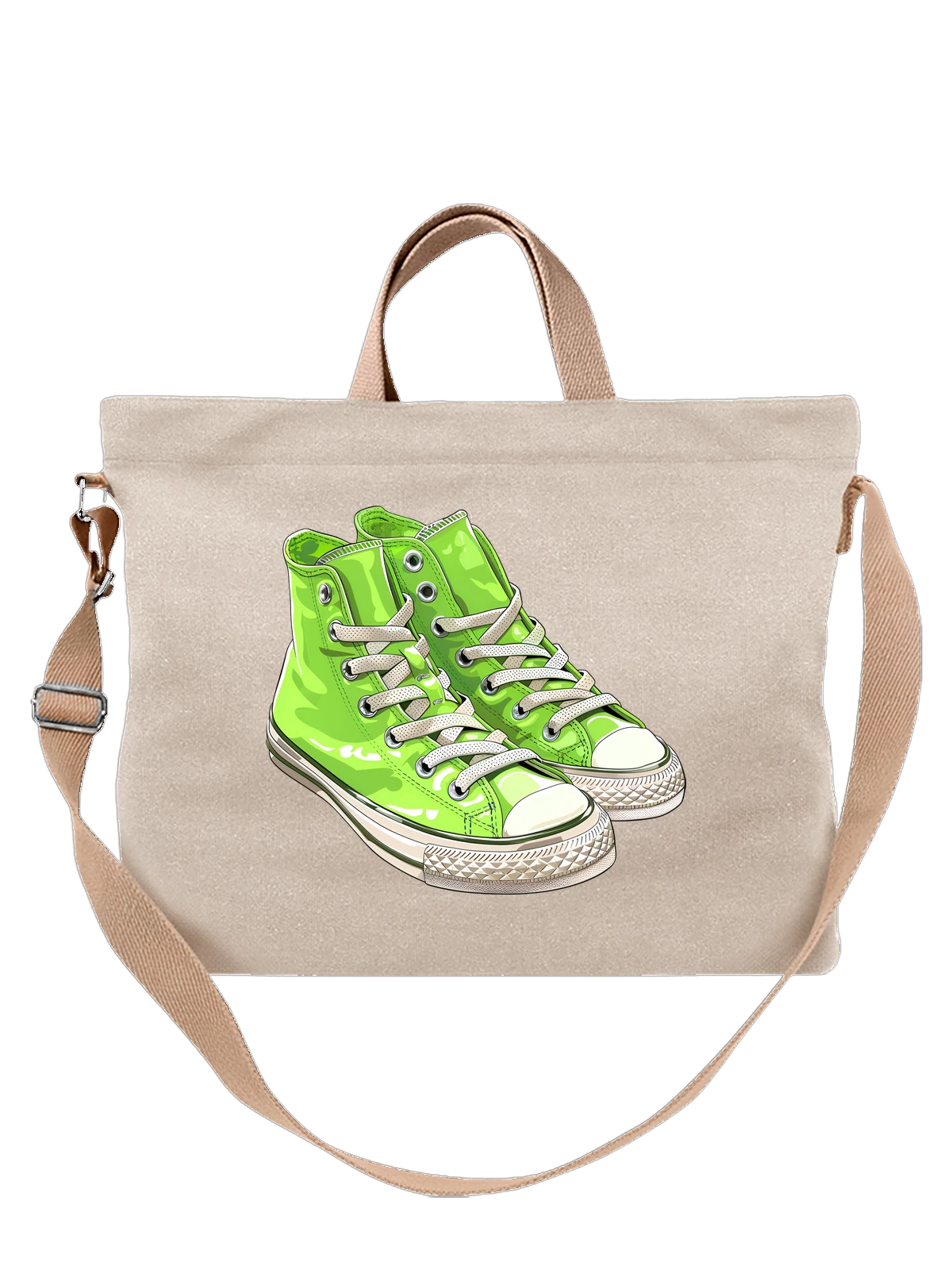 Сумка бежевая с принтом Зеленые высокие кеды на шнуровке Converse — хайтопы — Бежевая, фото 1