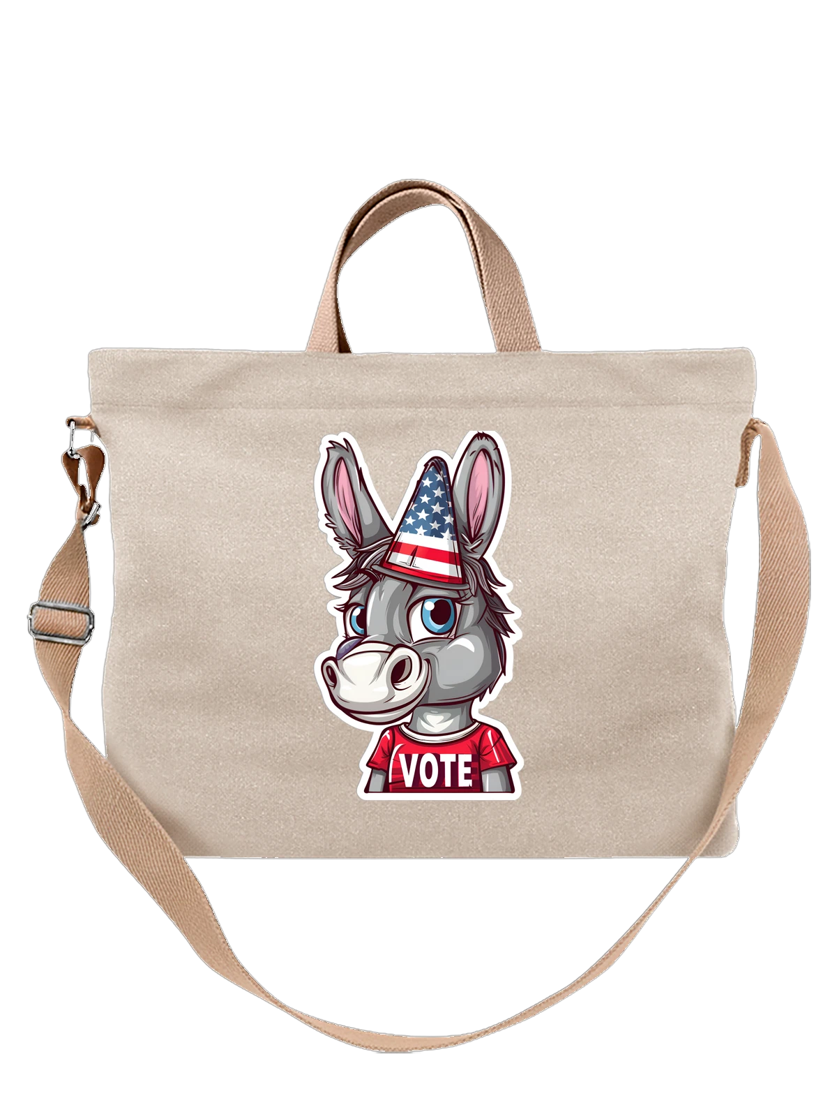 Сумка бежевая с принтом Серый cartoon donkey в кепке США VOTE — voting donkey — Бежевая, фото 1
