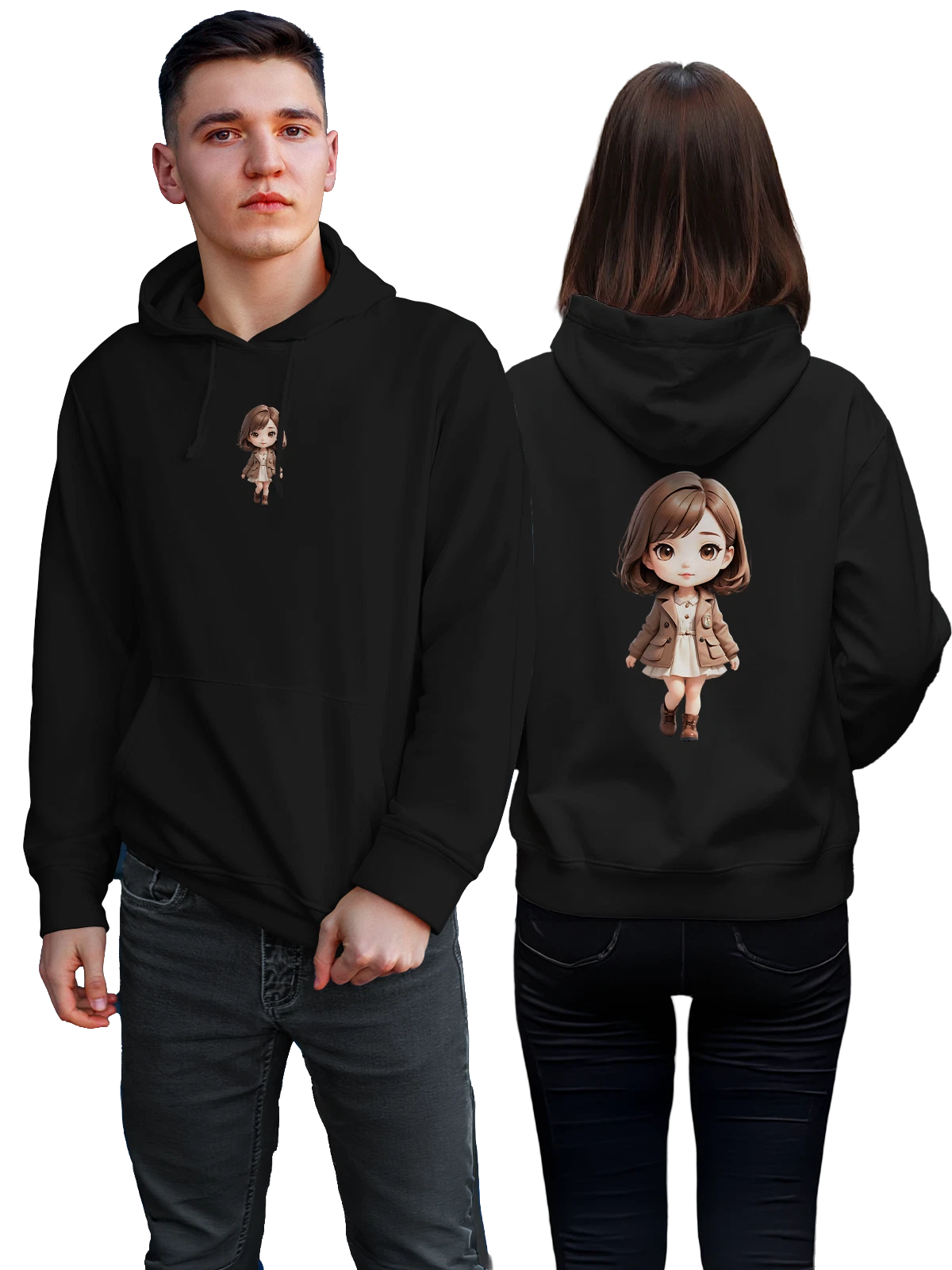 Худи Милая кукла девочка в бежевом пальто чёрное с принтом — коричневые волосы — Чёрная, фото 1