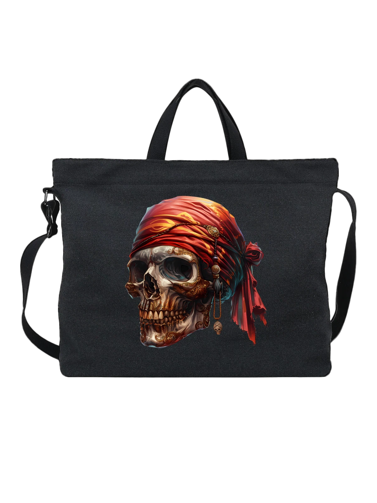 Сумка чёрная с принтом Череп в красном тюрбане с золотым орнаментом — pirate skull — Чёрная, фото 1