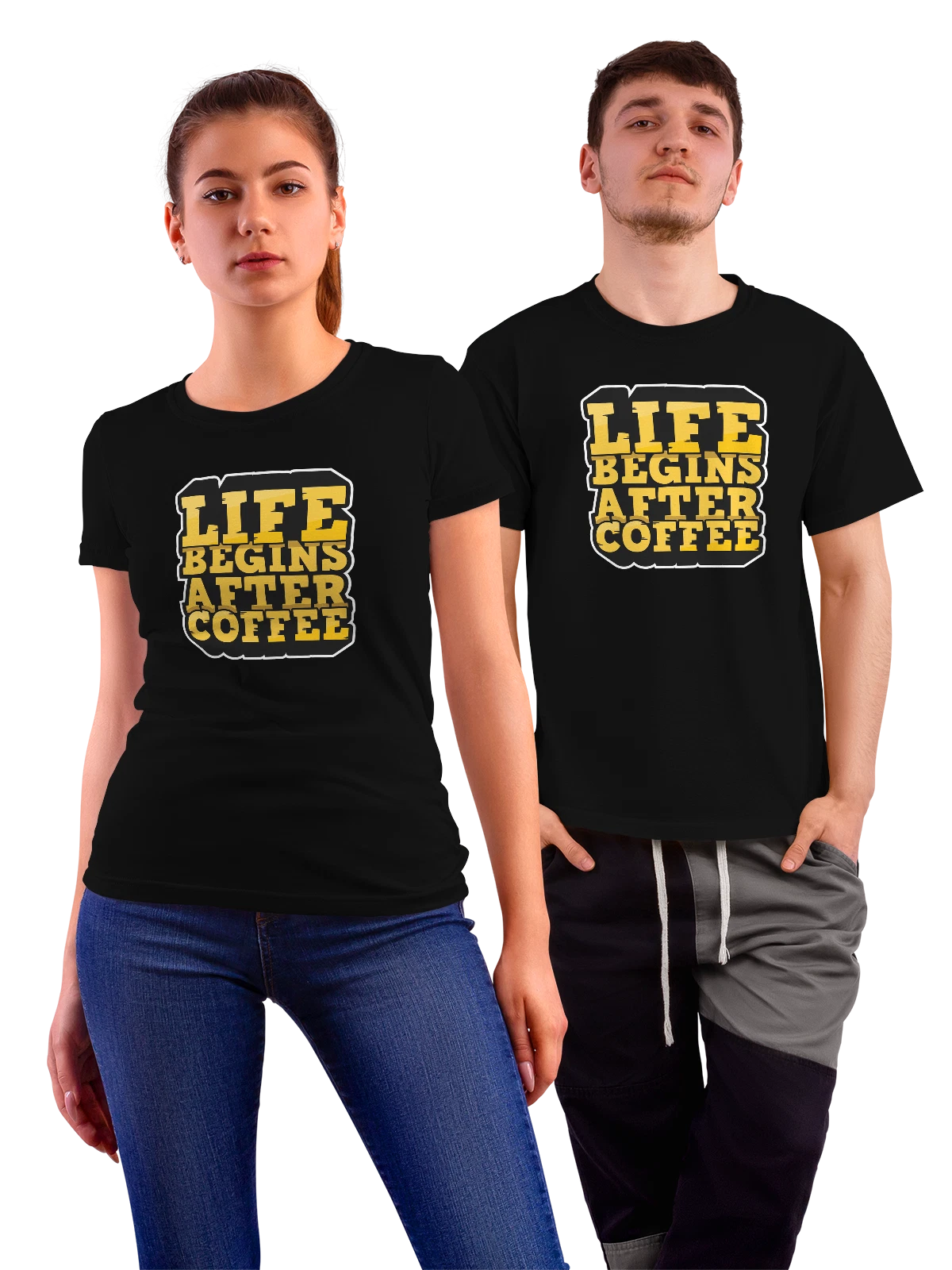 Футболка Life Begins After Coffee с кофейной надписью чёрная с принтом — черный фон — Чёрная, фото 1