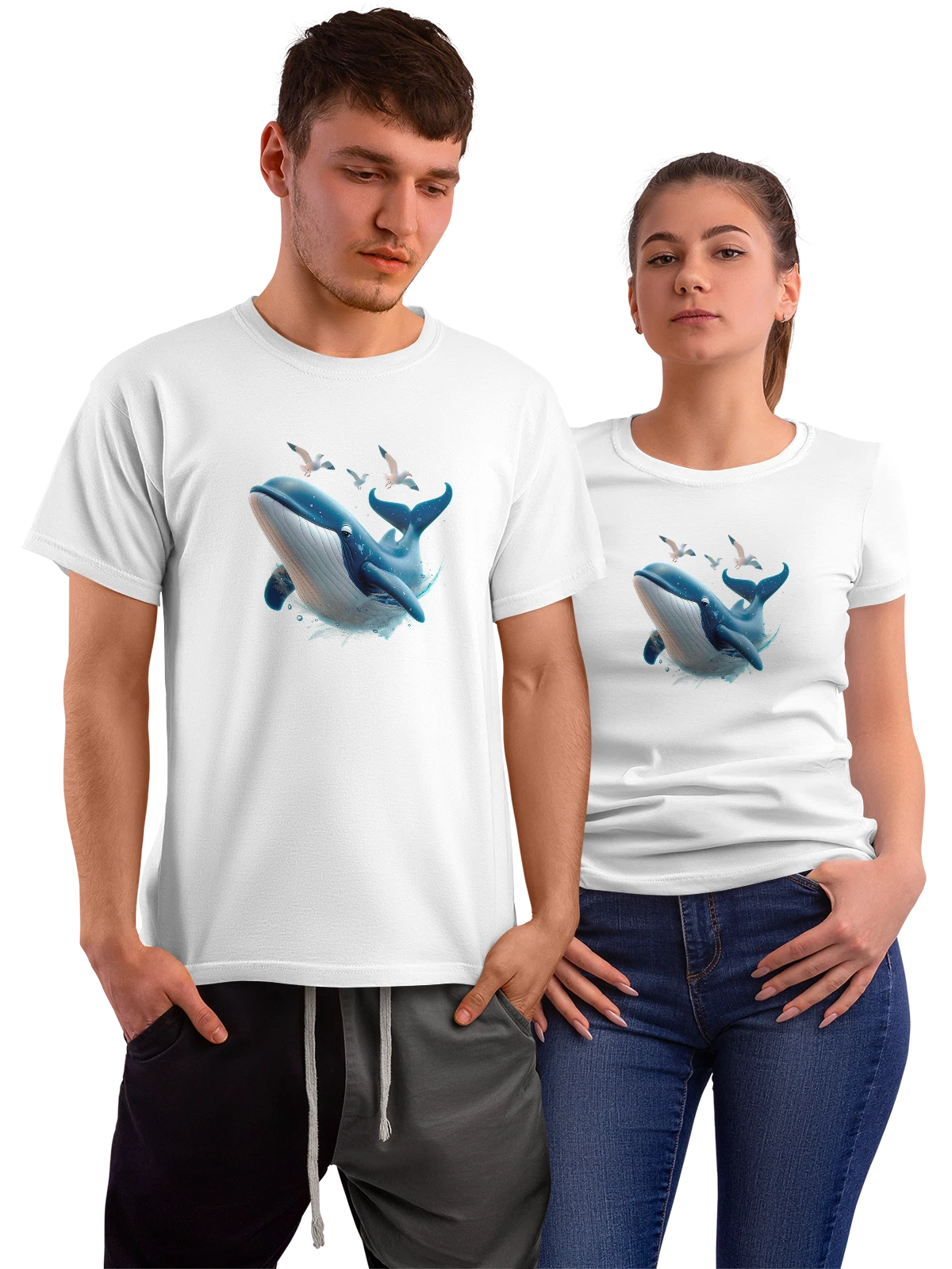 Футболка Синий кит и чайки над морской волной белая с принтом — брызги воды — Белая, фото 1