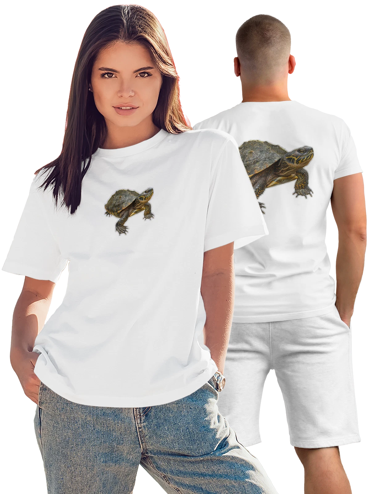 Футболка Черепаха с детальным панцирем крупным планом белая с принтом на спине — лапы — Белая, фото 1