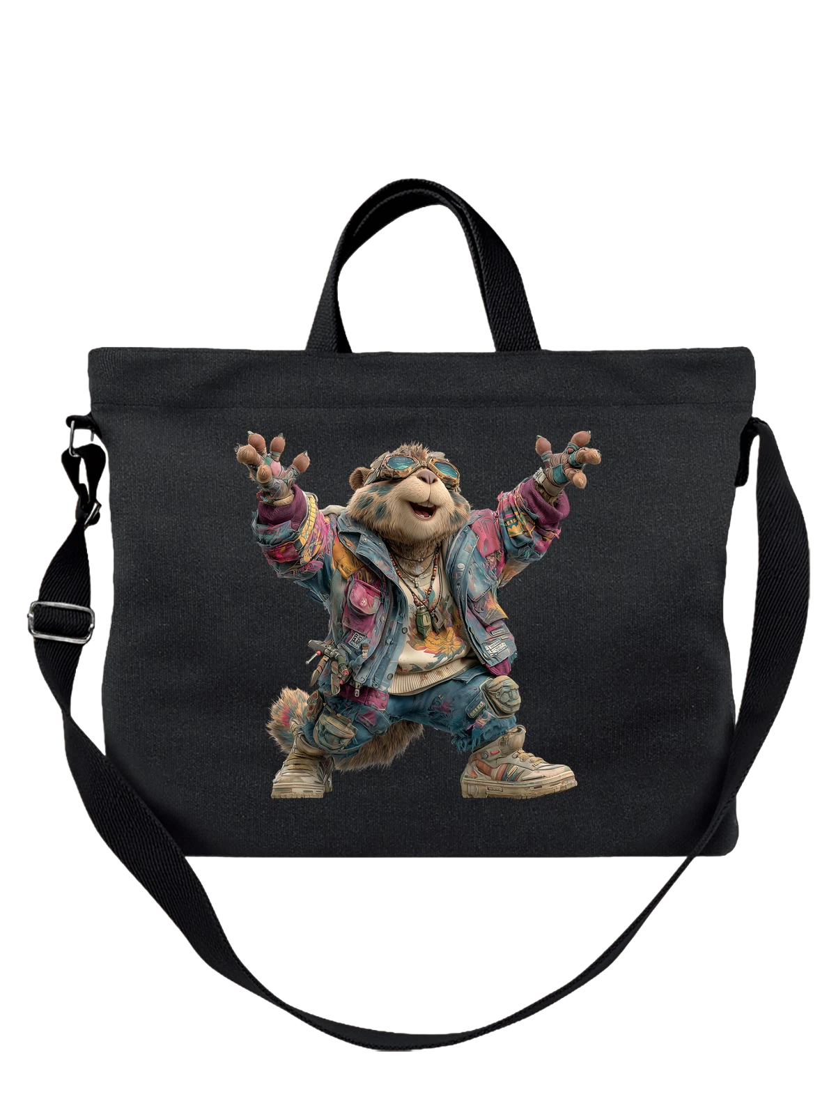 Сумка чёрная с принтом Енот в очках и джинсовой куртке — стильный енот — Чёрная, фото 1