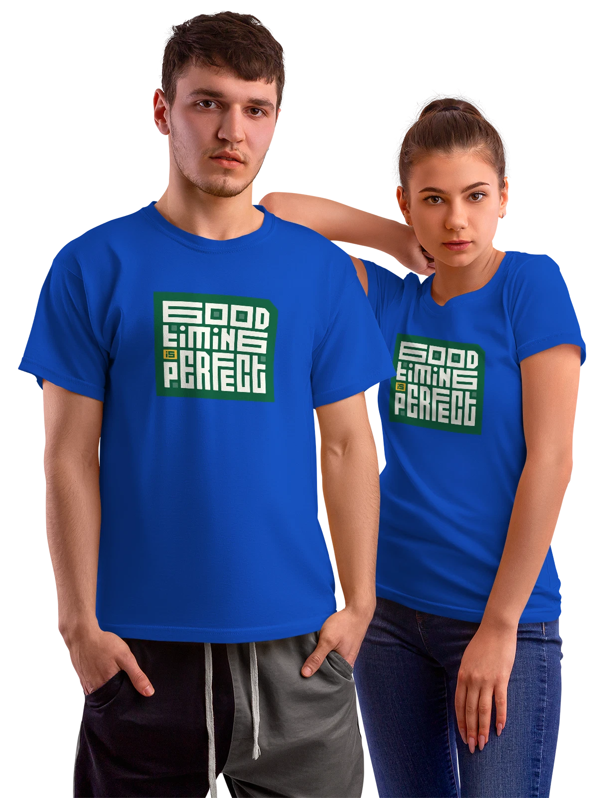 Футболка Good timing perfect в ретро геометрии синяя с принтом — постерный стиль — Синяя, фото 1