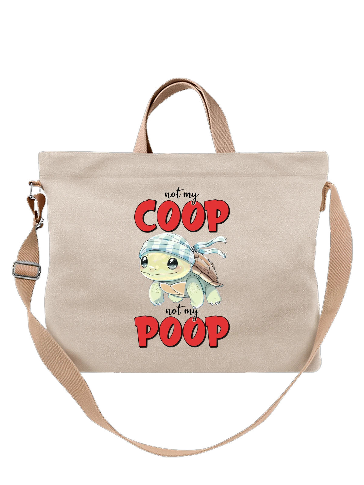 Сумка бежевая с принтом Черепаха в бандане и надпись coop poop — детский принт — Бежевая, фото 1